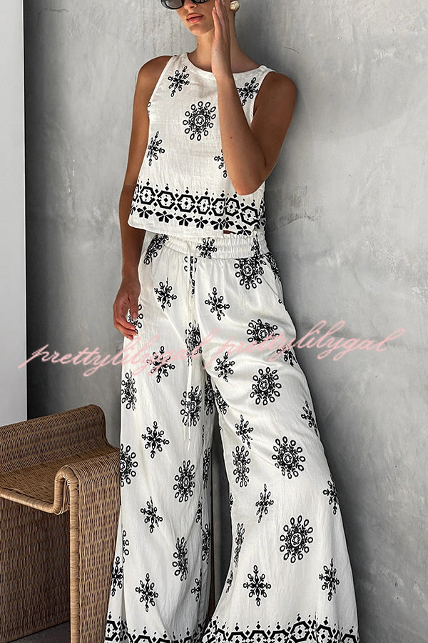 Stylish Printed Round Neck Sleeveless Blouse & Elastic Waist Pocket Wide Leg Pants Set - Women's Casual Outfit for Summer, Beach, Vacation & Daily Wear