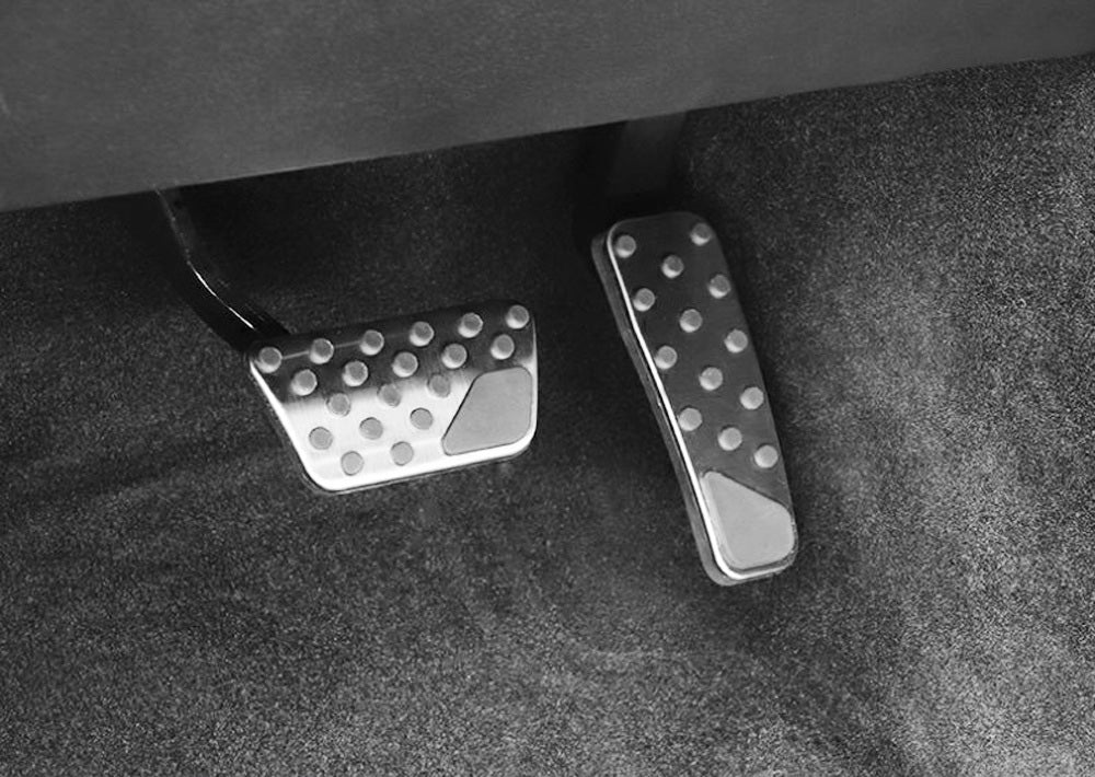 2-Piece Silver Track Design Foot Pedal Covers for 2008+ Dodge Challenger & 2009+ Dodge Charger - Non-Slip Racing Pedals for Enhanced Driving Performance