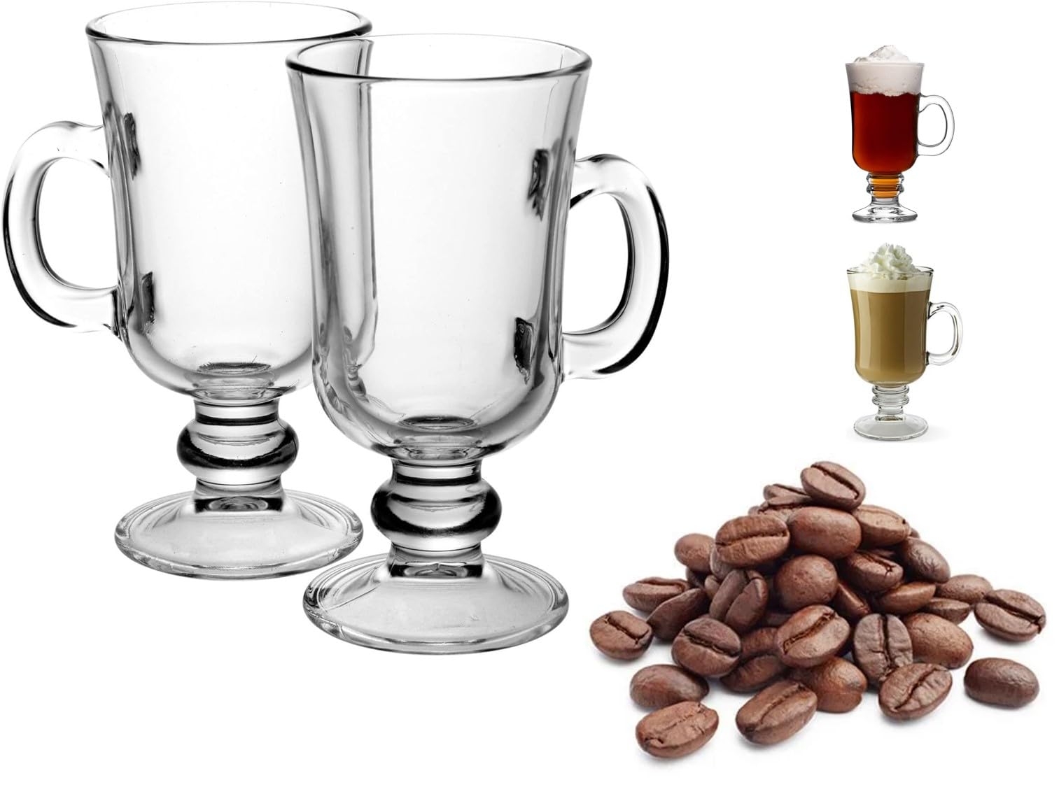 Premium Irish Glass Coffee Mugs Set of 2 - Clear Footed Latte Cups with Handle for Hot & Cold Drinks - 7.5 oz Glass Mugs for Irish Coffee, Cappuccino, Tea, Hot Chocolate & Ice Cream - Perfect for Home, Cafe & Gifts