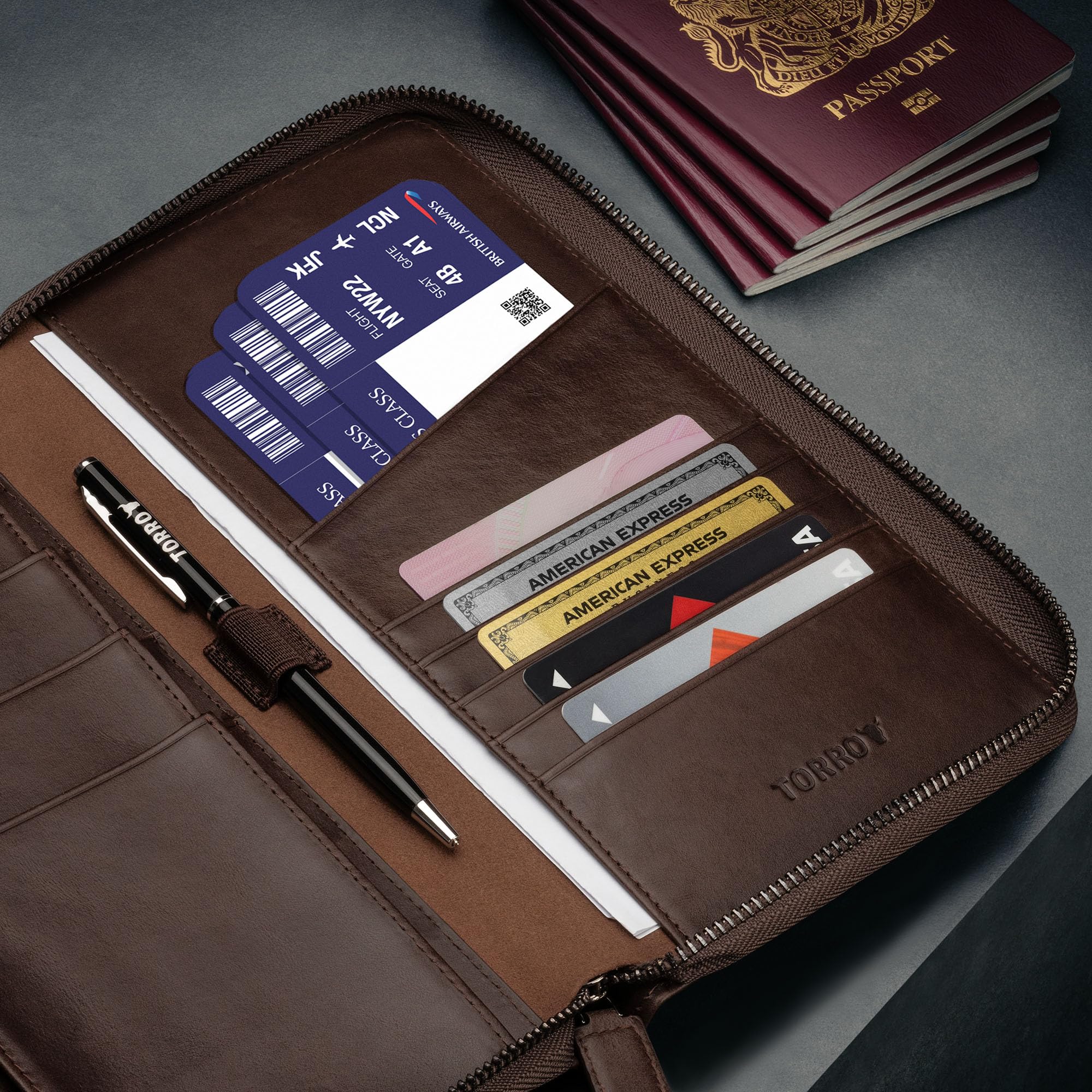 TORRO Premium Leather Family Travel Wallet - RFID Blocking Passport Holder Organizer for 4 Passports, Credit Cards & Travel Documents (Dark Brown) | Perfect for International Trips, Family Vacations & Airport Security