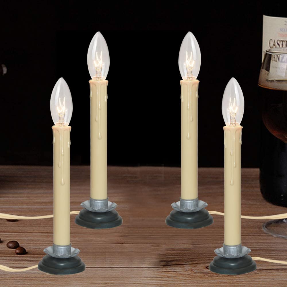 4 Pack Electric Window Candle Lights - 7 Inch Flameless LED Candles with 7W C26 Bulbs, Black Wood Plum Iron Base & Ivory Wire On/Off Switch - Perfect for Christmas Decor, Home, Wedding, and Holiday Lighting