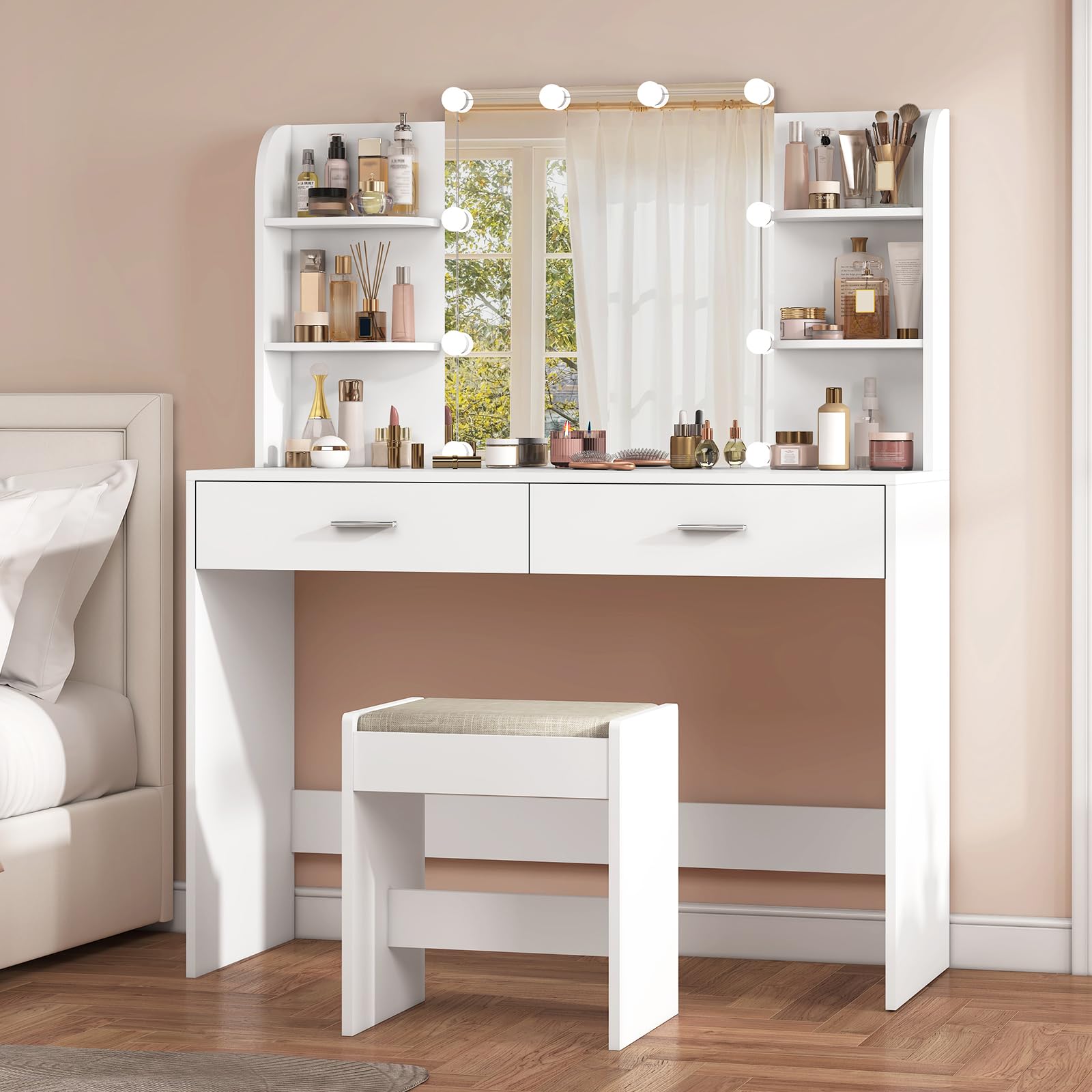 USIKEY White Makeup Vanity Set with LED Mirror & 10 Lights, 2 Drawers & Open Shelves - Dressing Table with Cushioned Stool for Bedroom, Bathroom & Beauty Salon | Perfect for Makeup Application & Skincare Routine