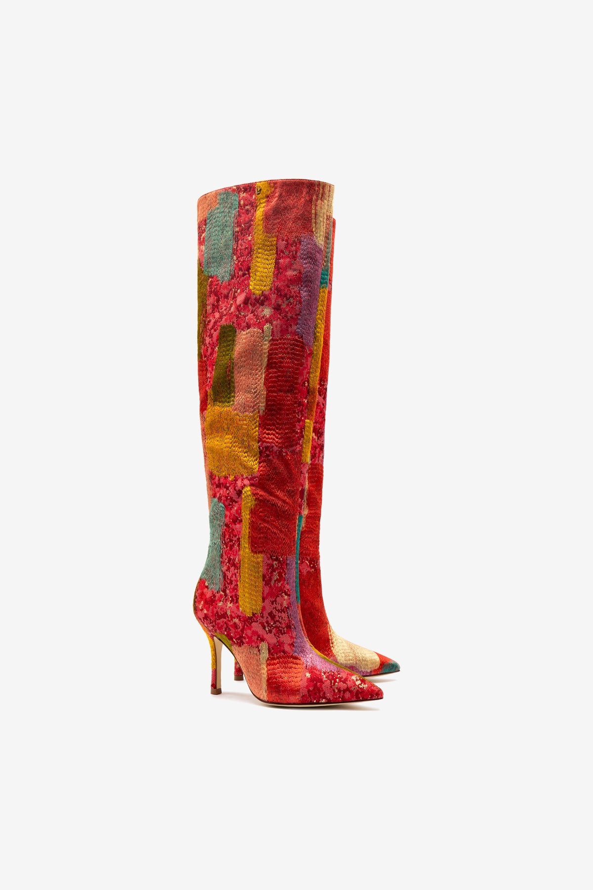Larroudé x Markarian Red Patchwork Fabric Boots - Stylish Ankle Boots for Women, Fashionable Fall & Winter Footwear, Perfect for Casual Outings & Date Nights
