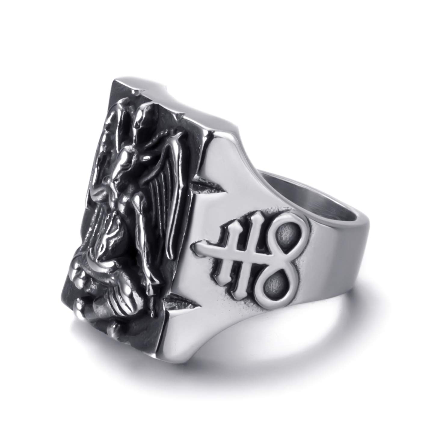 Men's Stainless Steel Satanic Baphomet Goat Ring - Vintage Devil Demon Leviathan Cross Pentagram Jewelry for Gothic Occult Fashion & Dark Aesthetic Outfits
