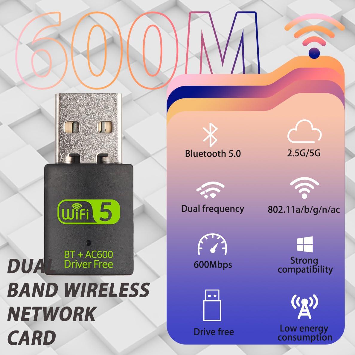 DIGISHUO Mini WiFi Dongle - 600Mbps Dual Band USB Adapter for PC/Laptop/Desktop | Fast Wireless Connectivity