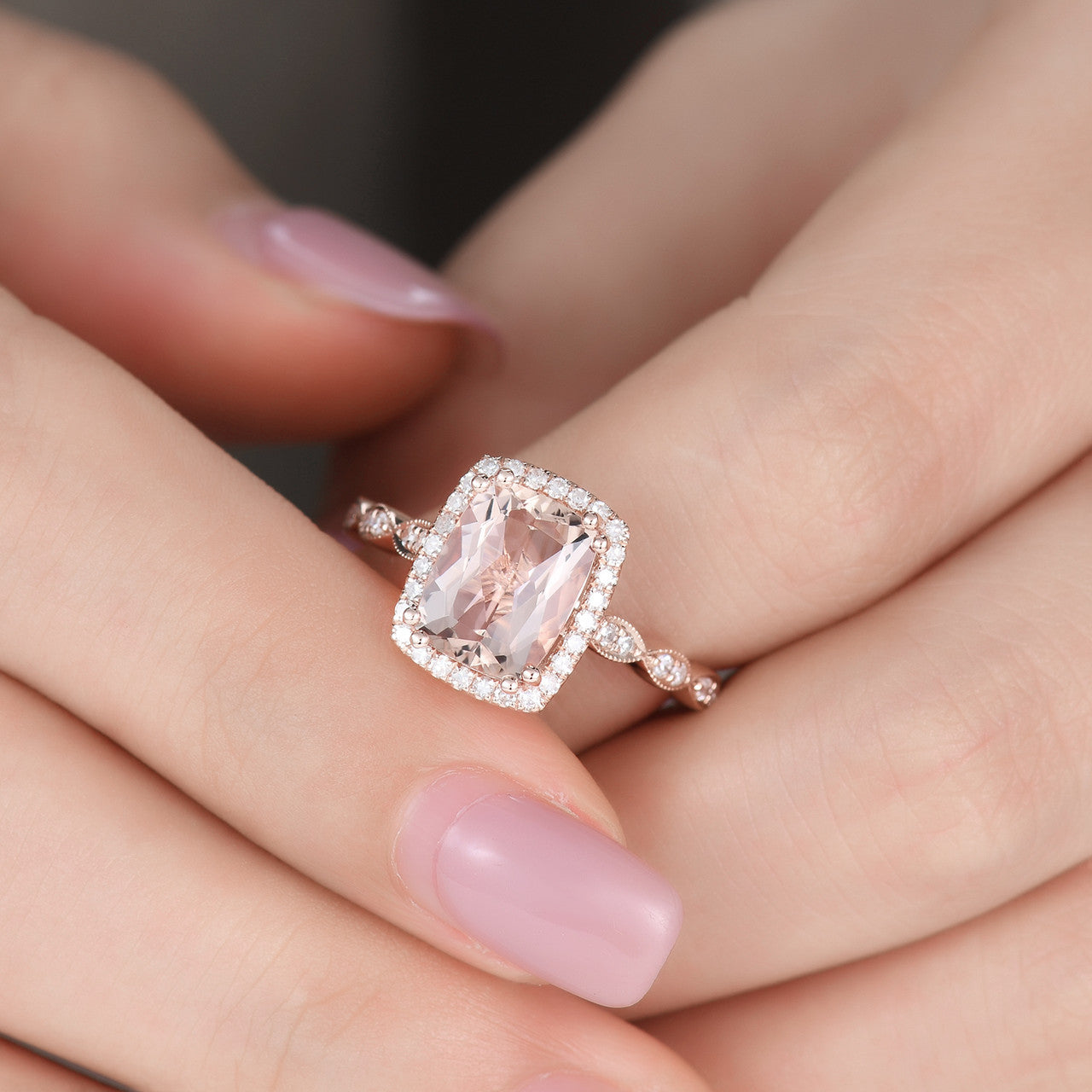 2 Carat Cushion Cut Natural Morganite Engagement Ring with Diamond Halo in 14K Rose Gold - Perfect for Bridal Jewelry, Wedding Bands & Anniversary Gifts