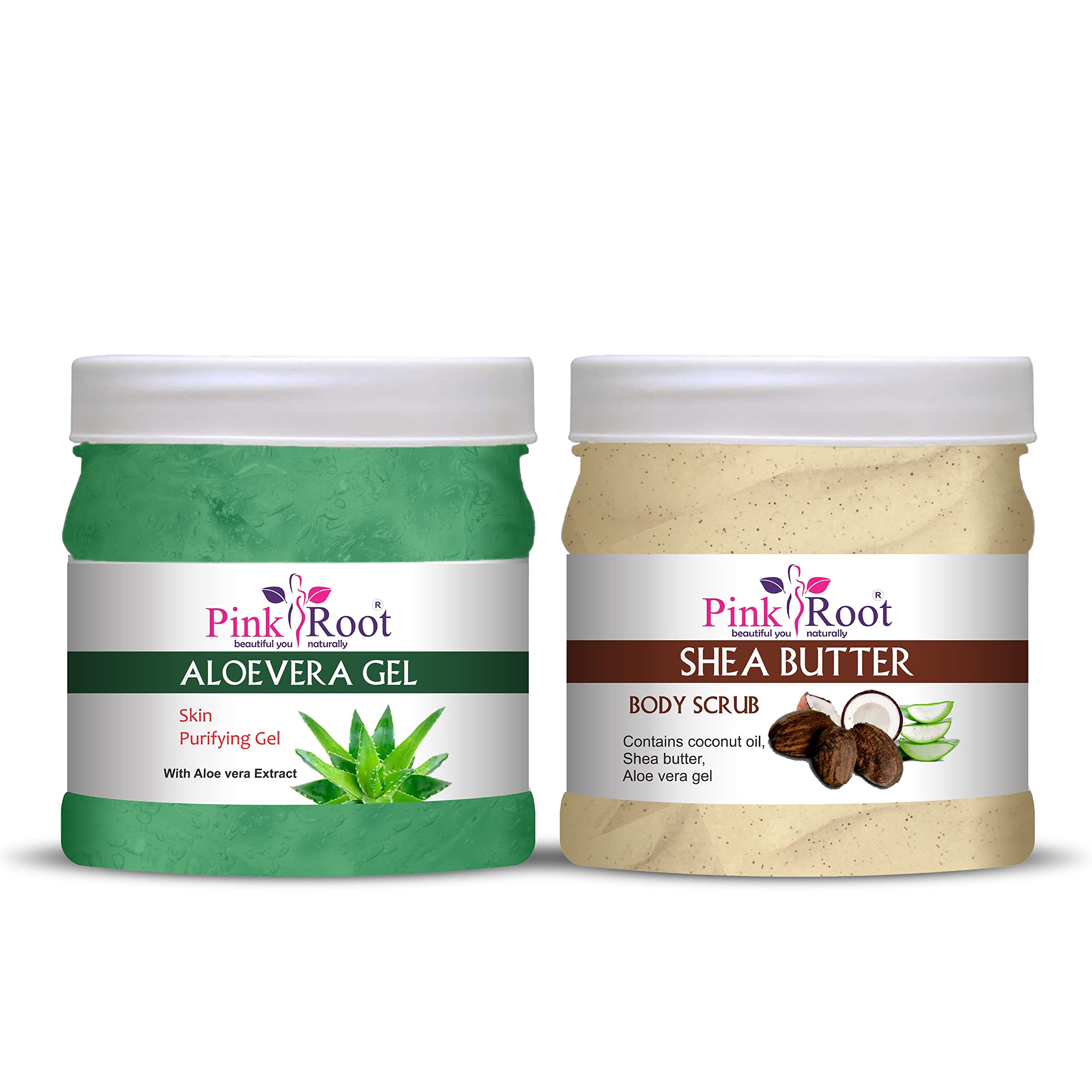 Organic Pink Aloe Vera Gel 500ml with Shea Butter Scrub - Hydrating Skin Care Set for Face & Body - Perfect for Sunburn Relief, Moisturizing, and Exfoliation