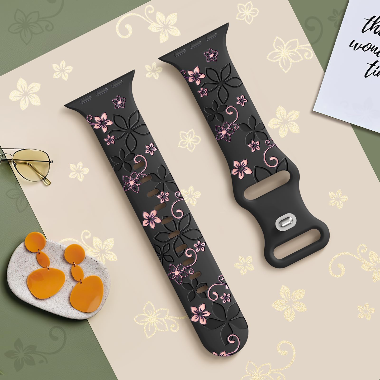 Floral Engraved Apple Watch Bands 38mm 40mm 41mm 42mm 44mm 45mm 46mm 49mm - Soft Silicone Sport Strap Compatible with iWatch Series 10/9/8/7/6/5/4/3/2/1/SE/Ultra - Cute Flower Design for Women - Perfect for Workouts, Daily Wear & Fashion Accessories
