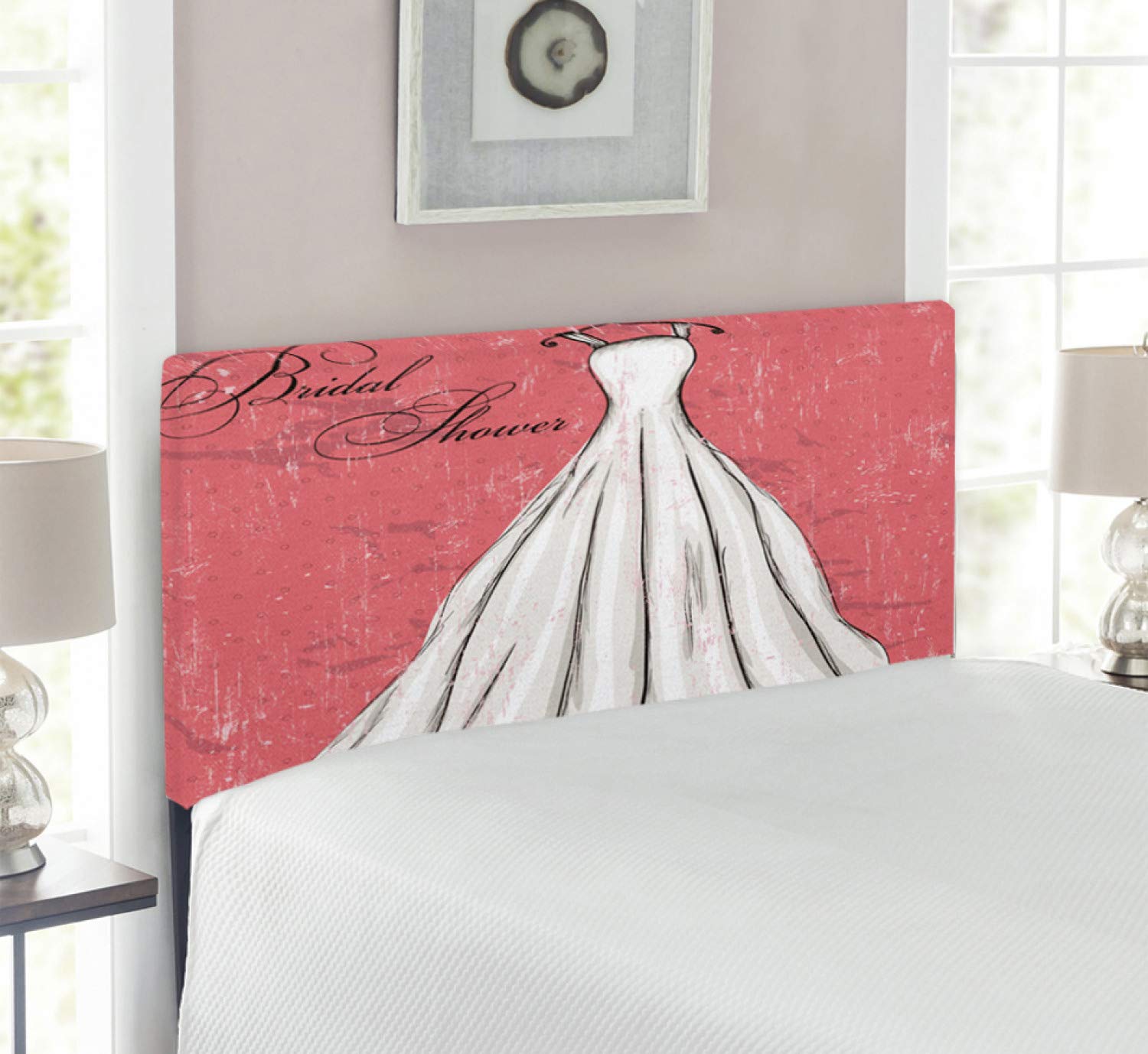 Ambesonne Vintage Pink Grunge Upholstered Headboard - Twin Size Bridal Shower & Wedding Decor with Memory Foam - Coral Black White Retro Design for Bedroom, Dressing Room & Photo Backdrop