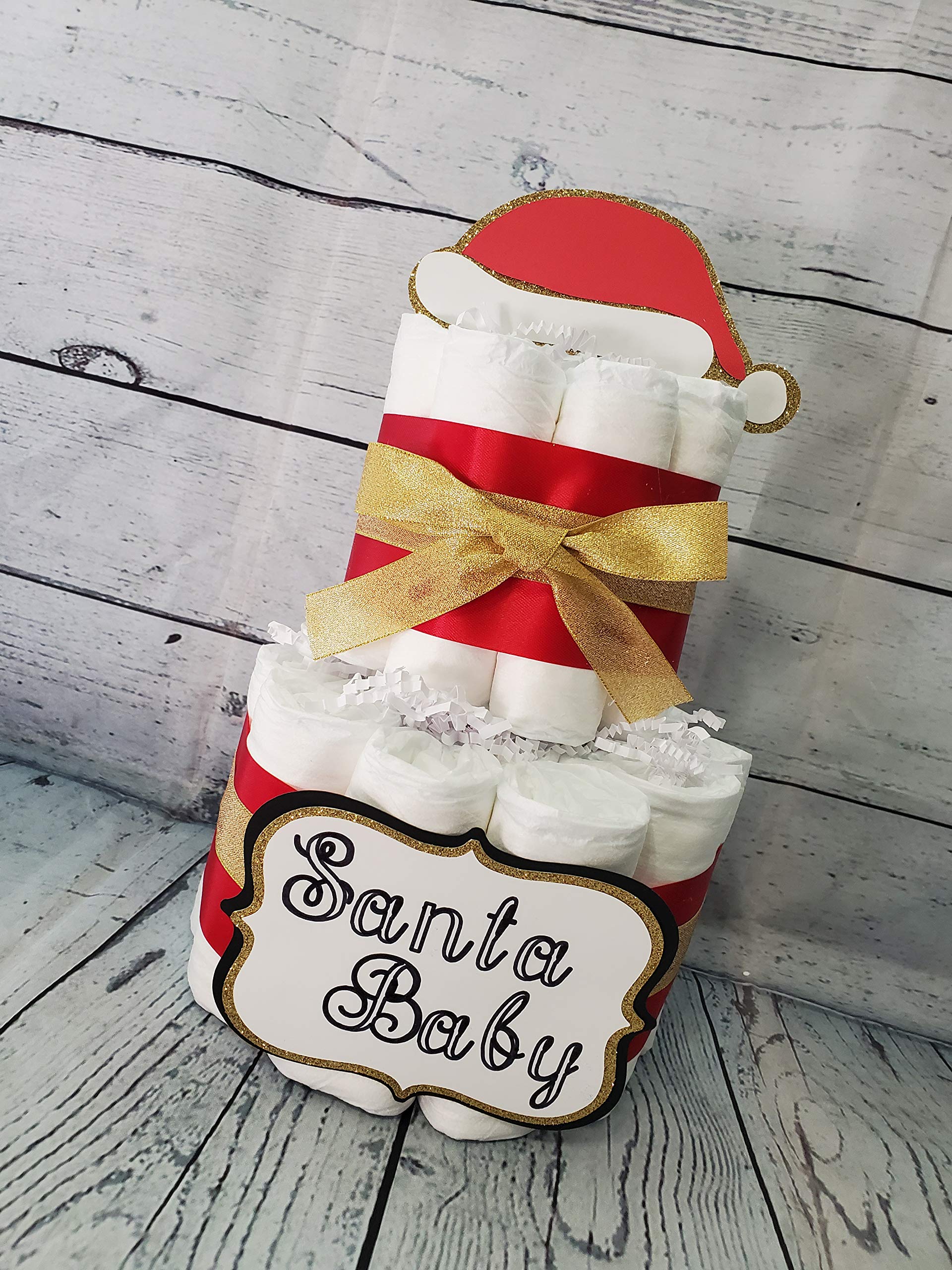 Santa Baby Christmas Theme Diaper Cake 5-Piece Set - 3-Tier Baby Shower Gift (Red/Gold or White) - Perfect for Holiday Baby Showers, Christmas Gifts & Newborn Celebrations