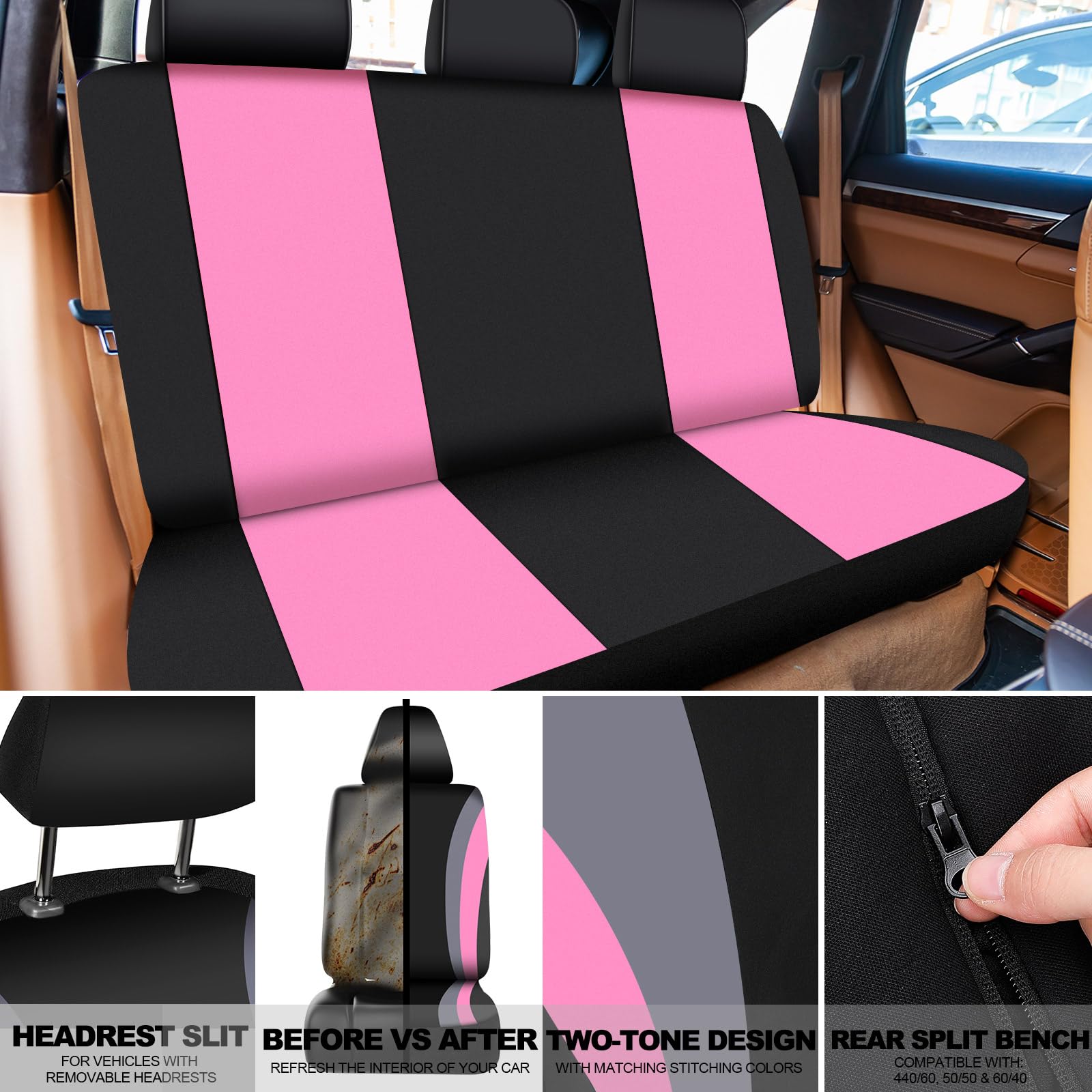 ROCEEI 47-Piece Full Set Car Seat Covers with Fluffy Steering Wheel Cover, Seat Belt Pads & Floor Mats - Premium Car Accessories for Front & Rear Seats (Black & Pink) | Ultimate Comfort & Protection for Daily Commute, Road Trips & Family Travel
