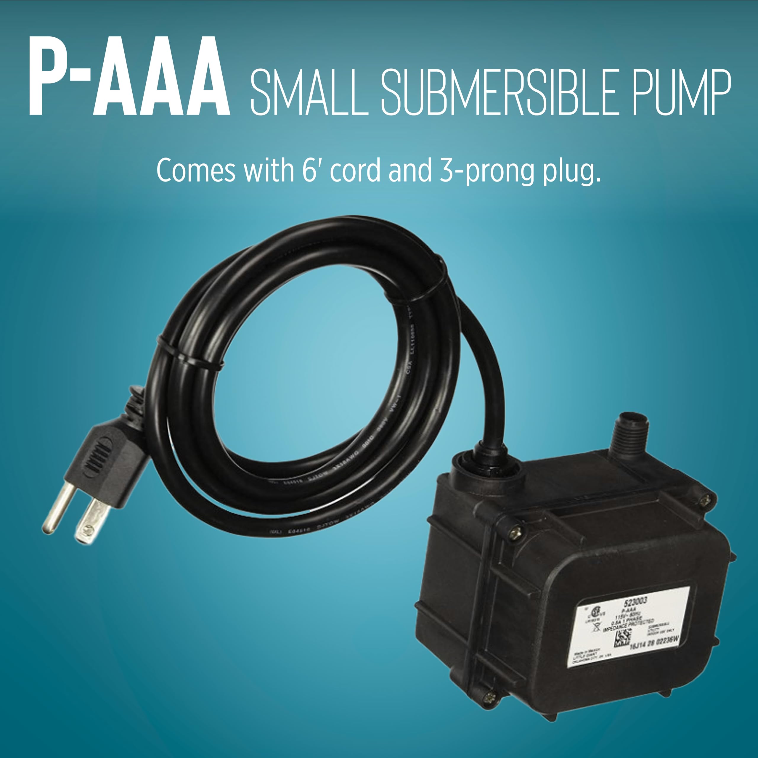 Little Giant P-AAA 115V 1/160HP 120GPH Submersible Fountain Pump - Oil-Filled Recirculating Water Pump with 6-Ft Power Cord (Black, Model 523003) - Perfect for Ponds, Fountains & Hydroponic Systems