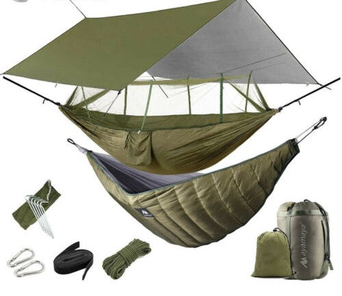 Portable Camping Hammock Kit with Mosquito Net, Under Quilt, Rainfly Tarp - Lightweight Outdoor Gear for Backpacking, Hiking & Beach Relaxation