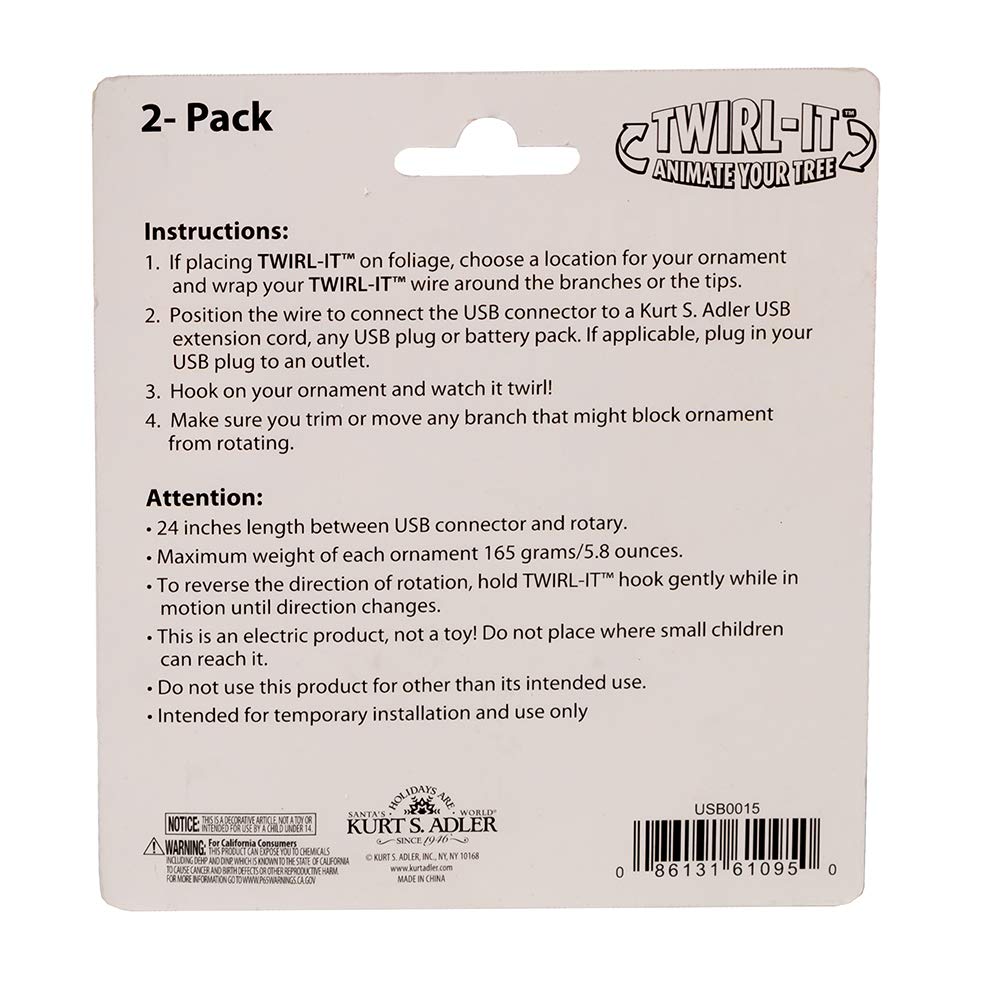 Kurt S. Adler USB 2 Pack Twirl-Its with DC Motor - Decorative Spinning Ornaments for Christmas Trees, Parties, and Home Decor