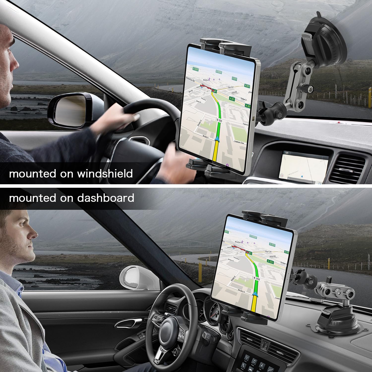 Jubor 360° Rotatable Car Tablet Holder with Strong Suction Cup - Adjustable Dashboard & Windscreen Mount for iPad Air/Mini, iPhone, Galaxy (Fits 4.7-12.9