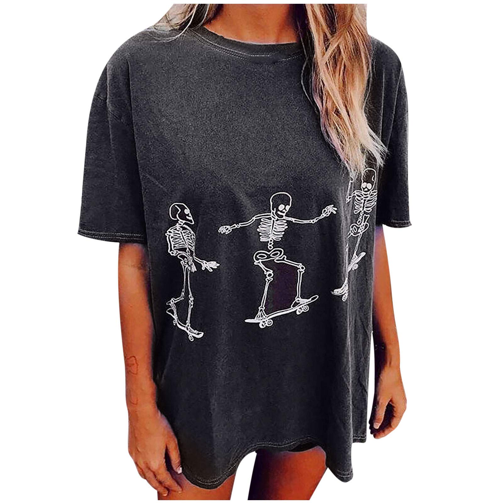Women's Halloween Skeleton Graphic T-Shirt - Oversized Grunge Top for Party & Cosplay