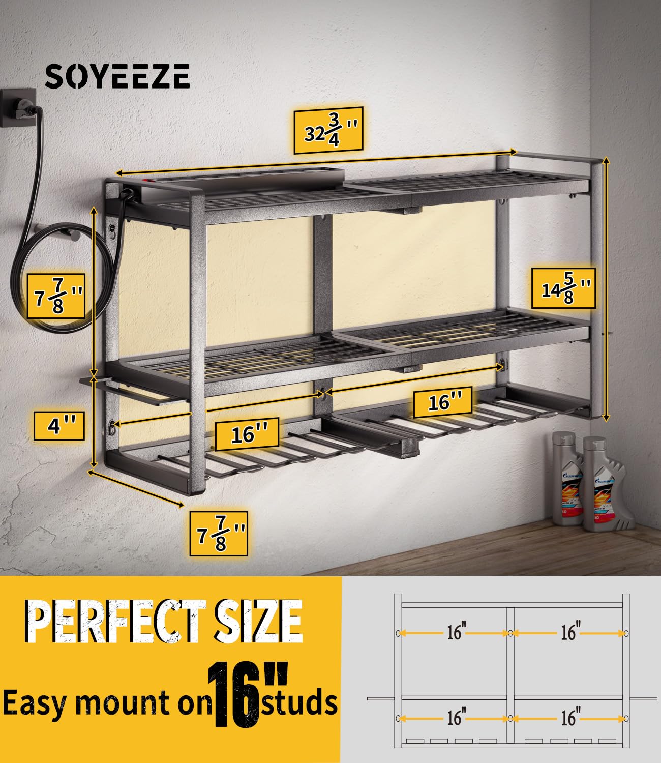 SOYEEZE Heavy Duty Power Tool Organizer with Charging Station - 8 Outlet Power Strip, Wall Mount Drill Holder & Storage Shelves for Garage Workshop - Perfect Father's Day Gift for DIY Enthusiasts & Handymen