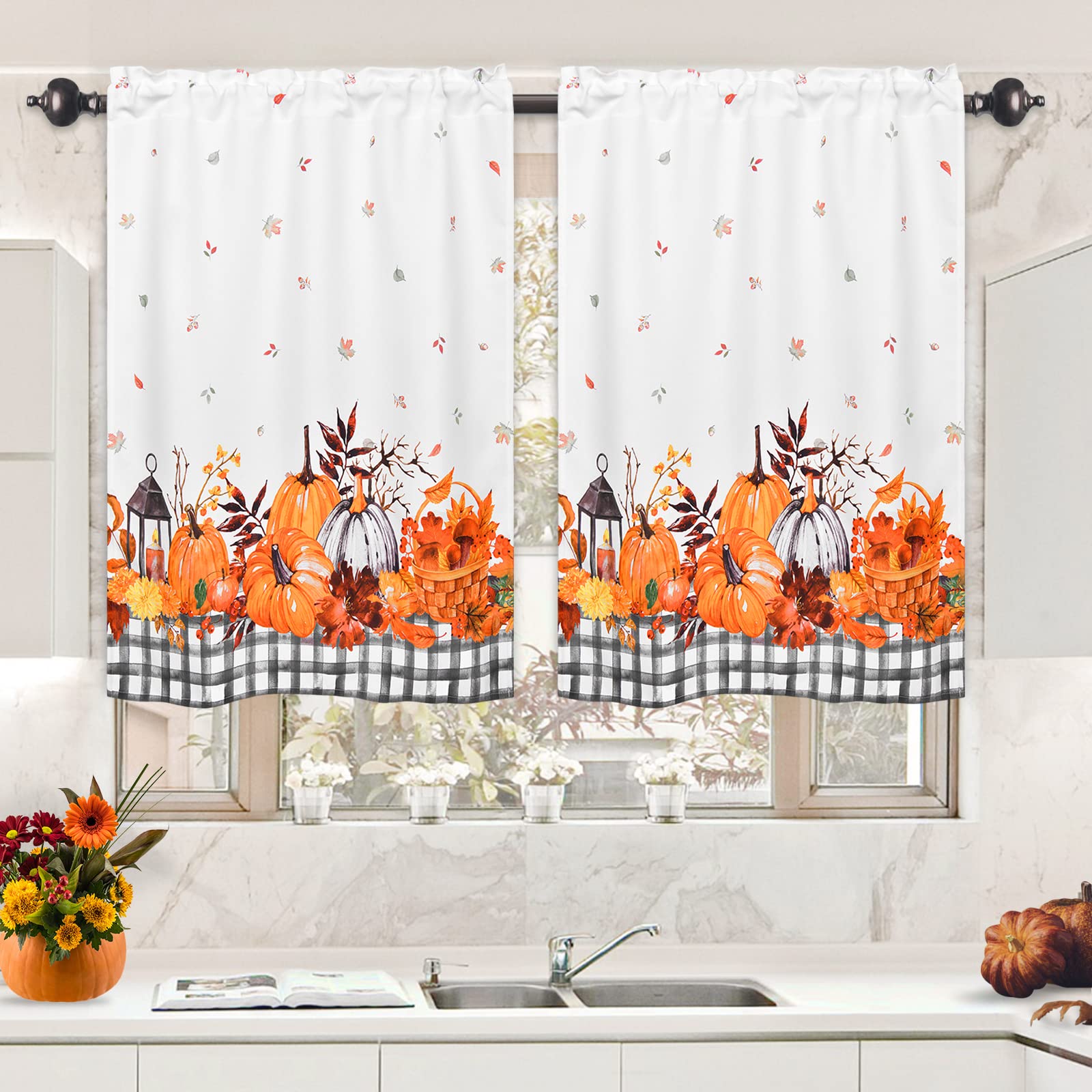 Thanksgiving Fall Kitchen Curtains - Maple Leaf & Pumpkin Print Black White Buffalo Plaid Window Tiers - 30''W x 36''L Rod Pocket Curtain Panels for Cafe, Bathroom, Bedroom - Perfect for Autumn Decor & Holiday Home Styling