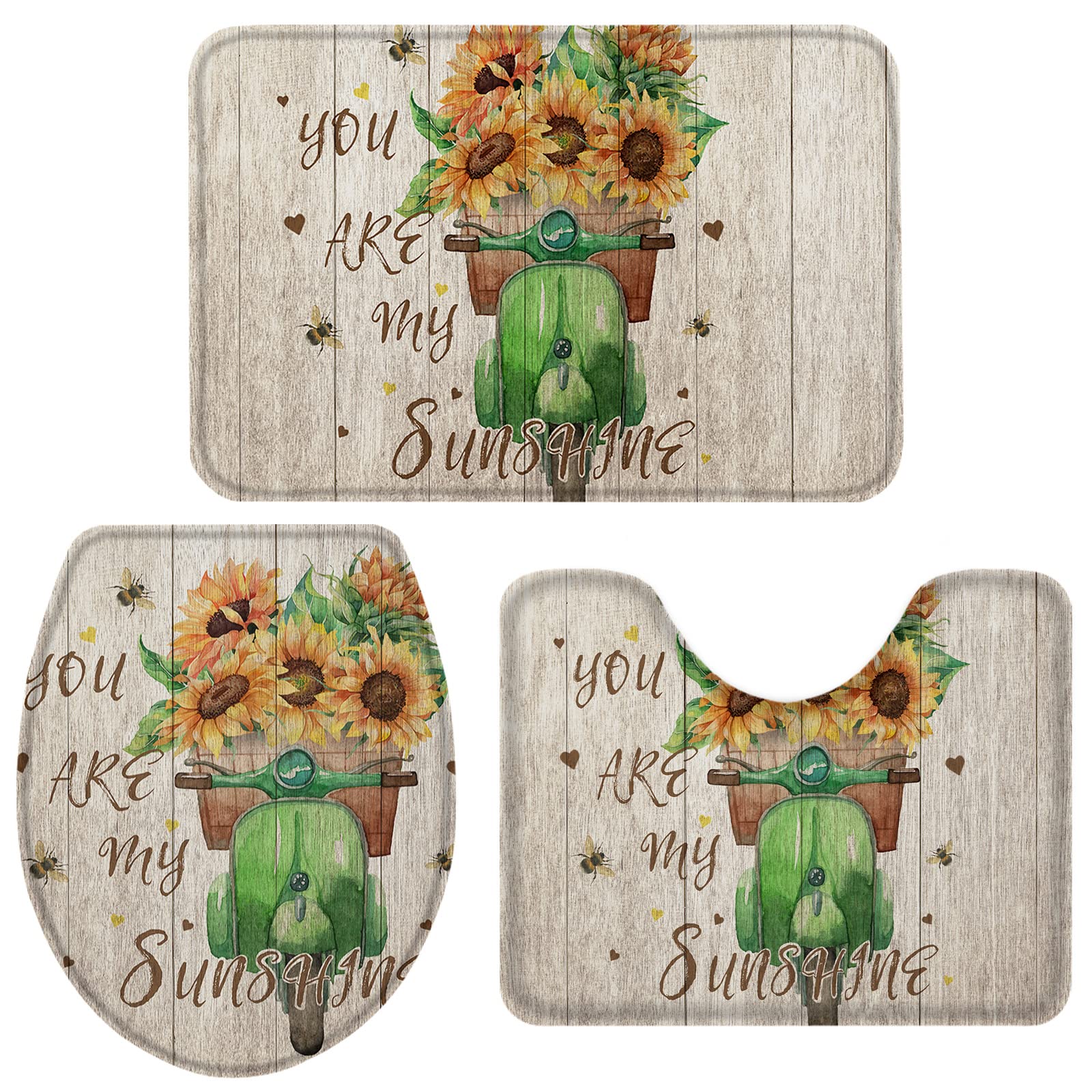 BRINGMEHOME 3-Piece Bathroom Rug Set - Non-Slip Sunflower Bicycle Floral Print Contour Mat, Pedestal Mat & Toilet Lid Cover - Soft Absorbent Cotton Bath Mats for Home Decor (Sunflower Bee Wood Theme) - Perfect for Bathroom, Powder Room & Guest Bath Decor
