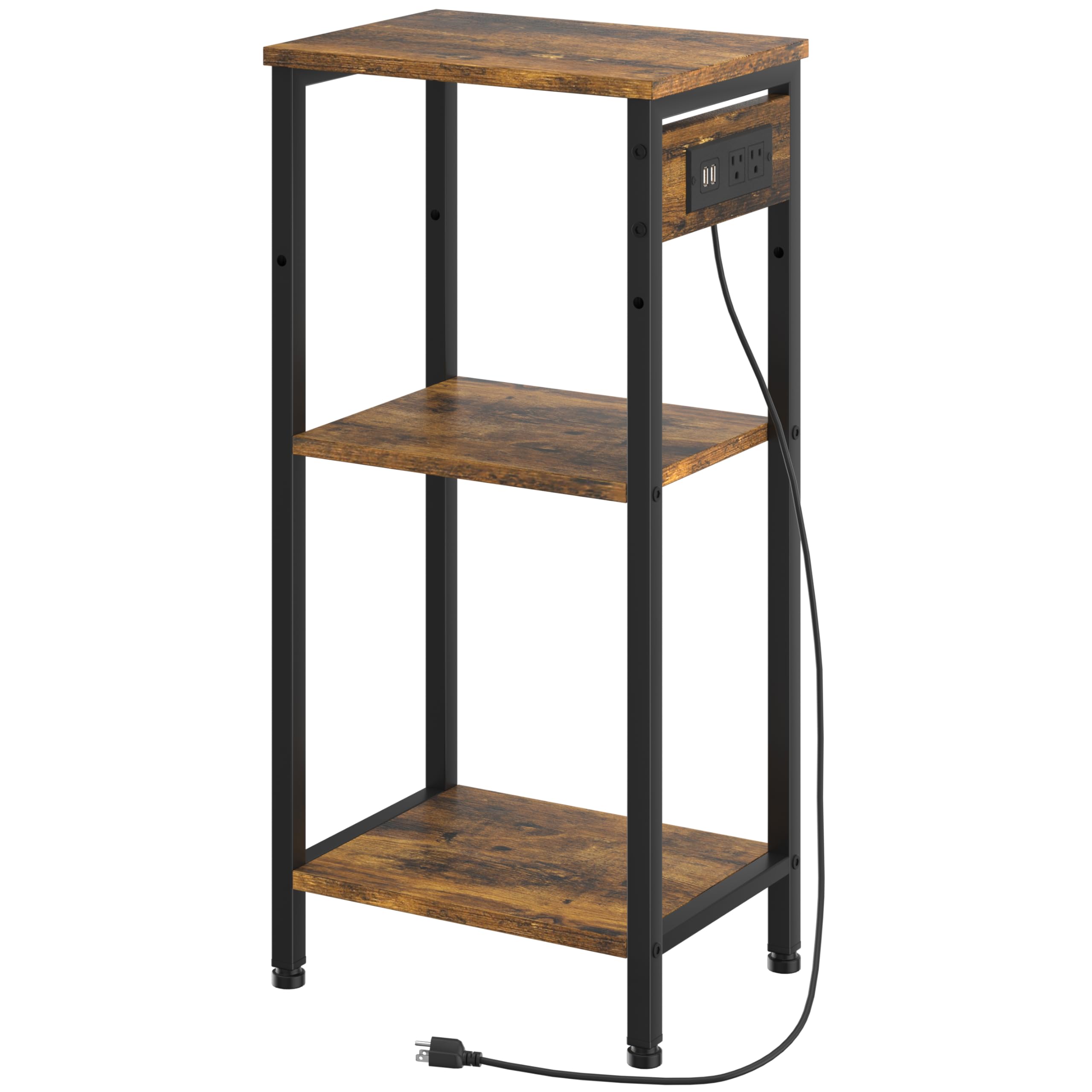 3-Tier Tall End Table with Charging Station & USB Ports - Narrow Nightstand with Storage, Slim Side Table with Outlets for Bedroom, Living Room & Office - Rustic Brown & Black - Perfect for Small Spaces & Device Charging