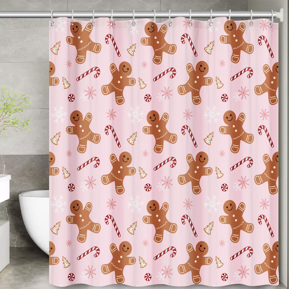 Pink Cute Gingerbread Man Christmas Shower Curtain Set with Hooks - Winter Holiday Bathroom Decor for Home, Merry Christmas Fabric Shower Curtain - Perfect for Bathroom Decorations, Indoor Holiday Party & Festive Home Styling