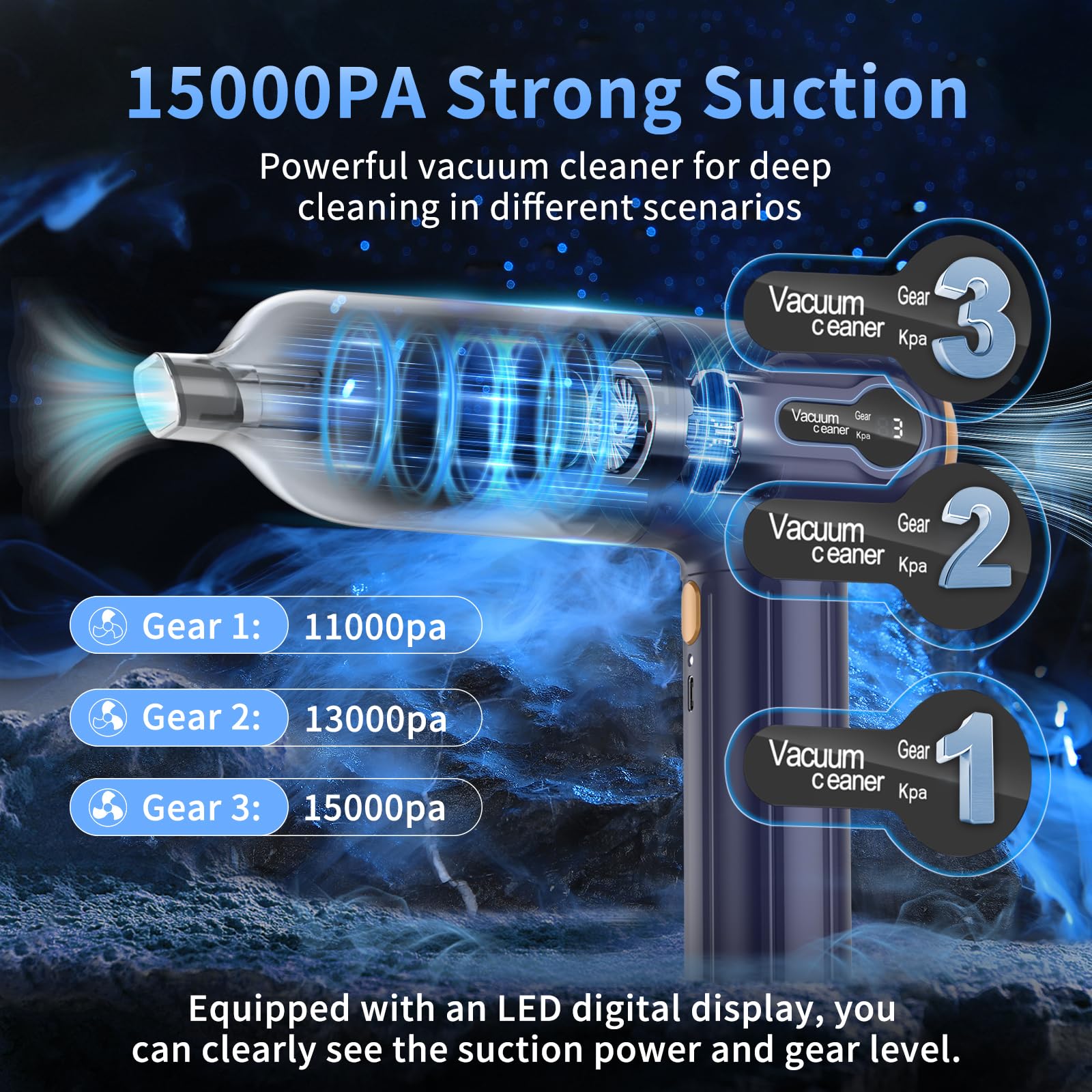 15000Pa Cordless Handheld Vacuum Cleaner - 3-in-1 Portable Car Vacuum with LED Display & USB Charging | Powerful Dust Buster for Pet Hair, Home & Auto Cleaning | Perfect for Cars, Sofas, Stairs & Hard-to-Reach Areas