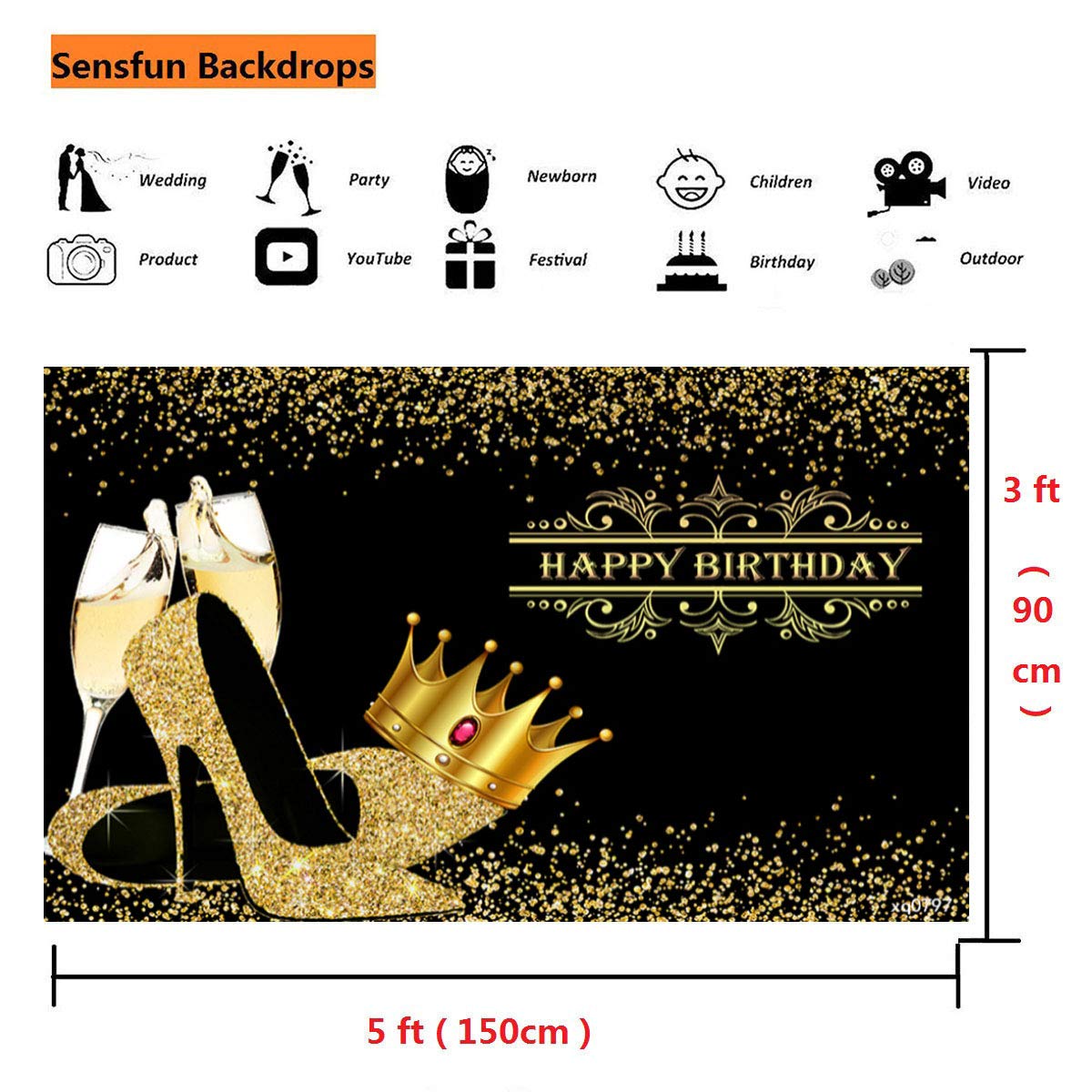 Golden Crown & Champagne High Heels Birthday Backdrop - 5x3ft Shiny Sequin Photography Background for Women's Queen Themed Party, Adult Bday Decor & Photo Booth | Perfect for Birthday Celebrations, Themed Photoshoots, and Event Decorations