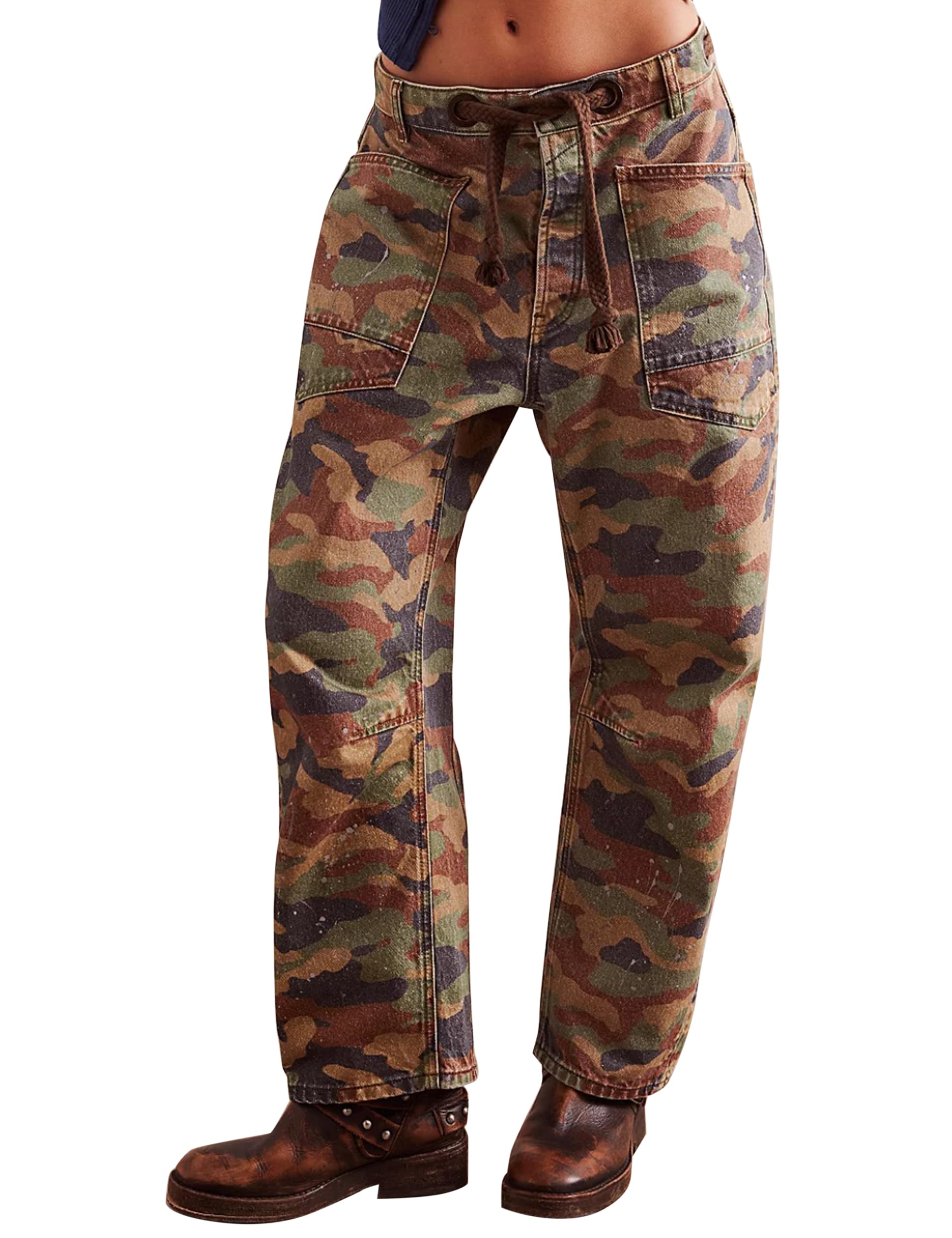 Women's Camo Print Barrel Jeans - Mid Rise Wide Leg Y2K Pants for Casual Outfits