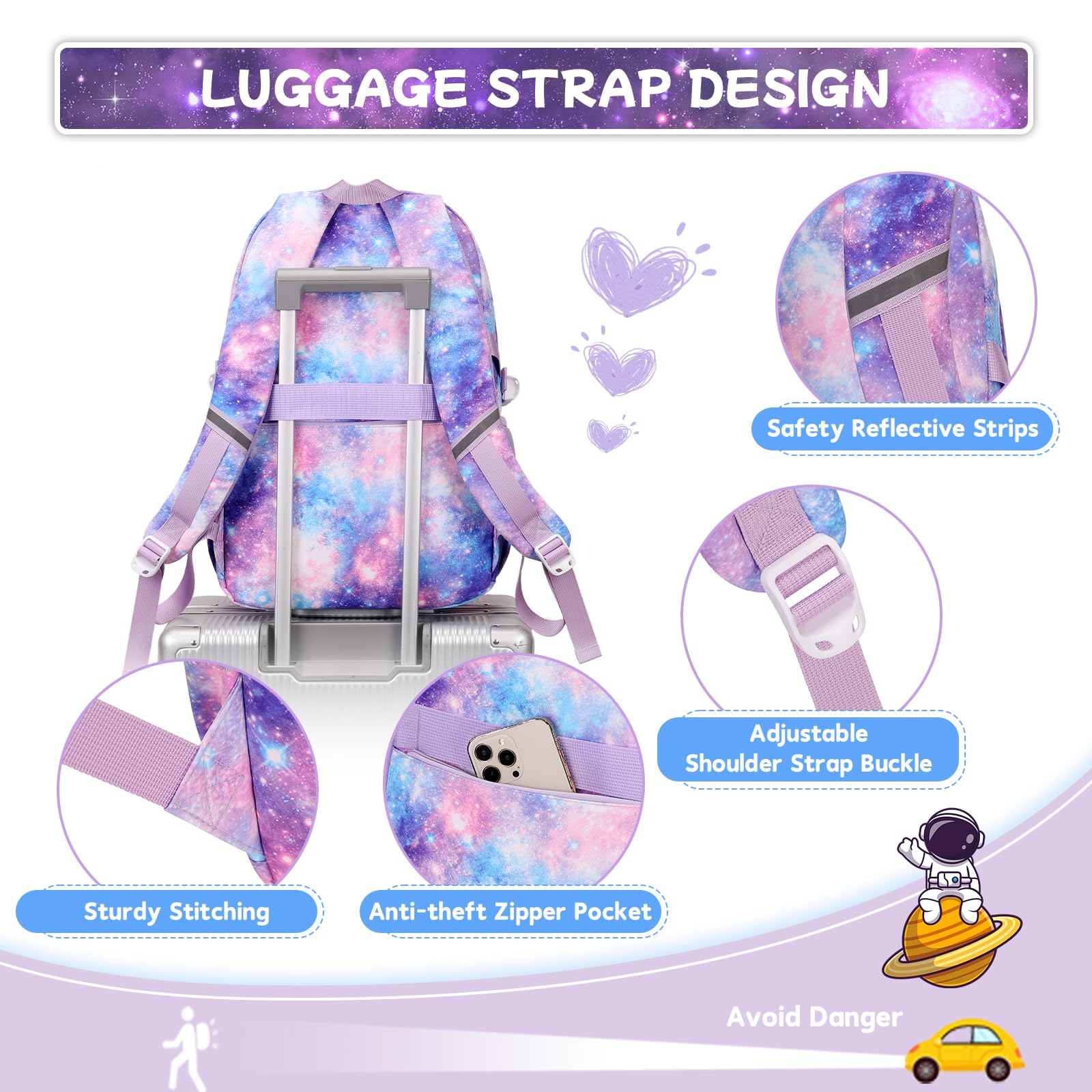 3-Piece Girls Backpack Set with Lunch Box - Cute Kawaii School Book Bag for Elementary & Middle School Students - Ita Backpack Galaxy Print - Perfect for School, Travel & Daily Use