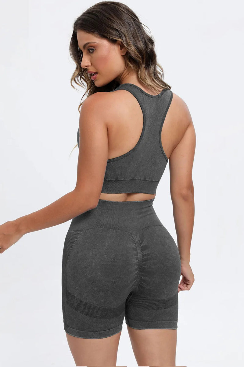 3 Piece Washed Square Neck Wide Strap Active Set for Women - Gym, Yoga & Lounge Wear - Comfortable Workout Outfit for Running & Pilates