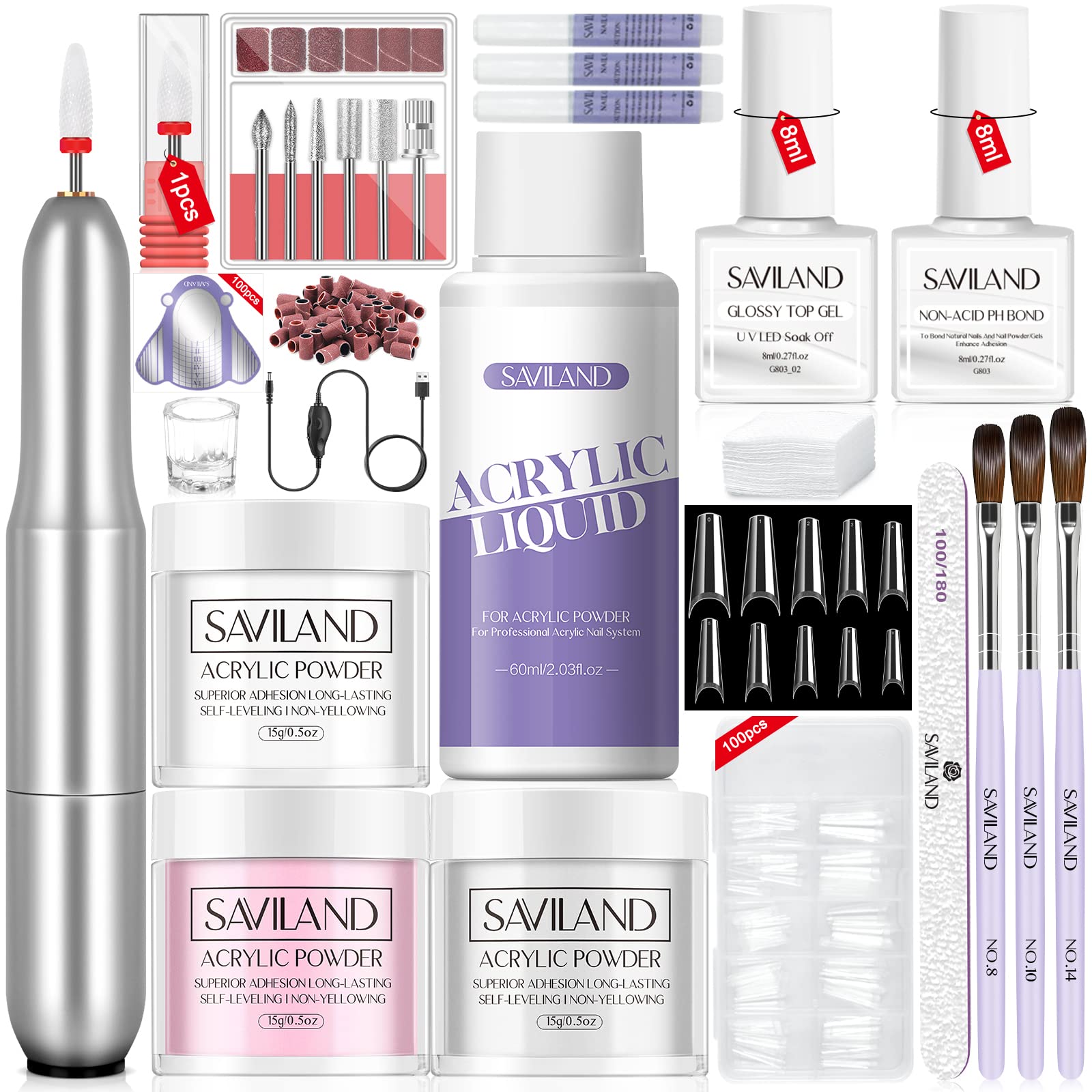 SAVILAND Acrylic Nail Kit with 100pcs Half Cover False Nail Tips - 3 Colors Acrylic Powder & Liquid Set, Acid-free Primer & Top Coat | Professional DIY Nail Art Extension Kit for Beginners | Perfect for Home Salon, Nail Practice & Party Manicures