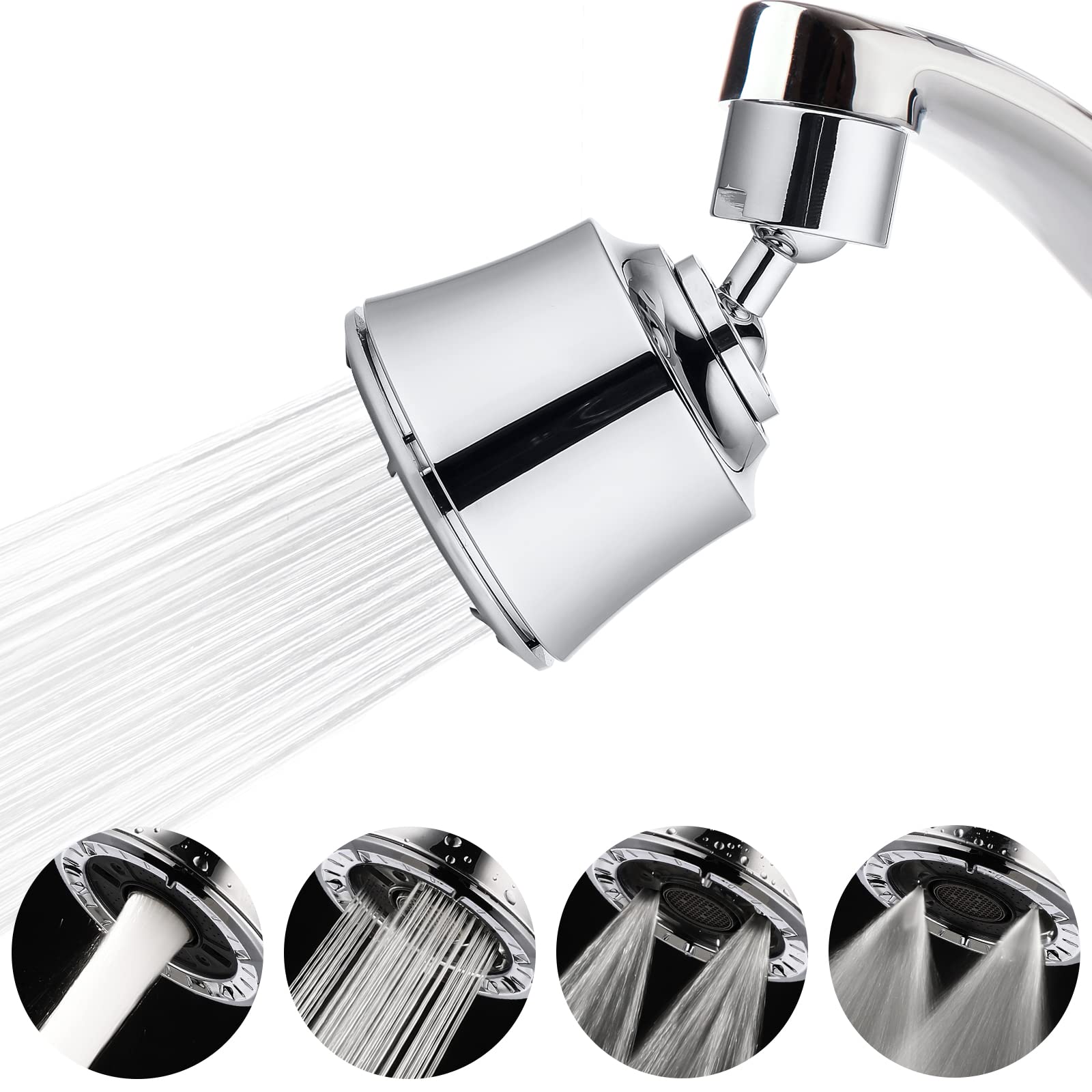 Houtingmaan Kitchen Sink Faucet Aerator with 2 Ball Joints - 4 Spray Modes Swivel Faucet Head Replacement - 55/64-27UNS Female Thread Chrome Finish for Easy Cleaning & Dishwashing