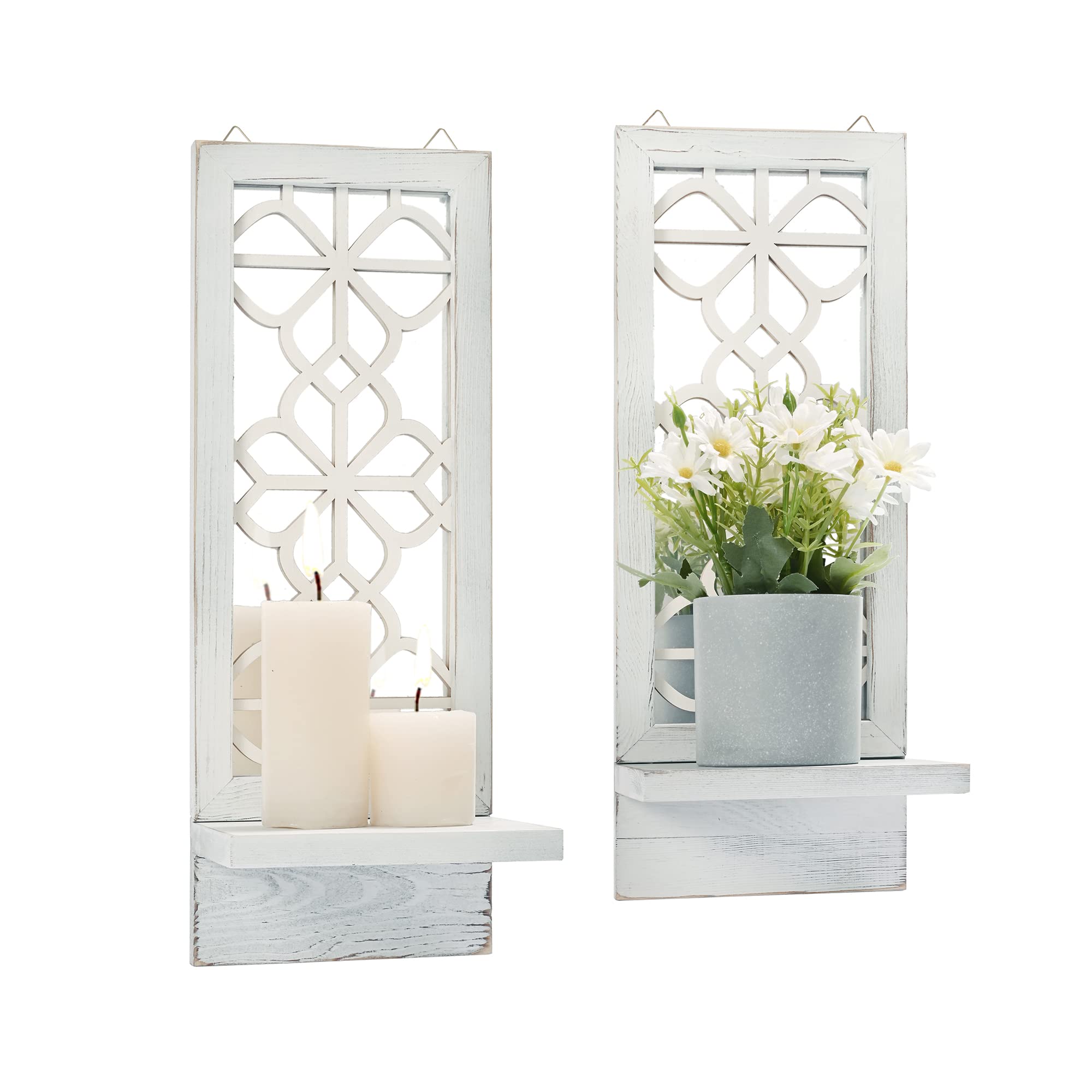 Rustic Farmhouse Wall Candle Sconces Set of 2 - White Floating Mirror Wall Decor for Living Room, Dining Room, Bedroom & Bathroom | Perfect for Cozy Home Ambiance, Wedding Decor and Holiday Lighting
