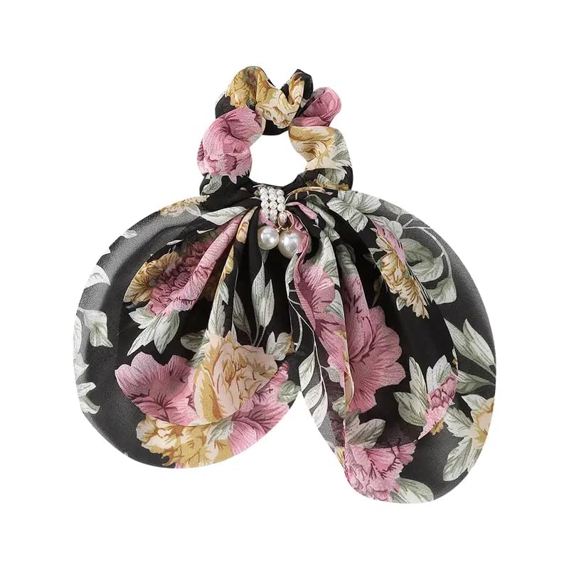 VSAKSH 2-Pack Printed Faux Pearl Bow Hair Scrunchies - Soft Fabric Elastic Hair Ties for Women & Girls - Perfect for School, Work, and Special Occasions
