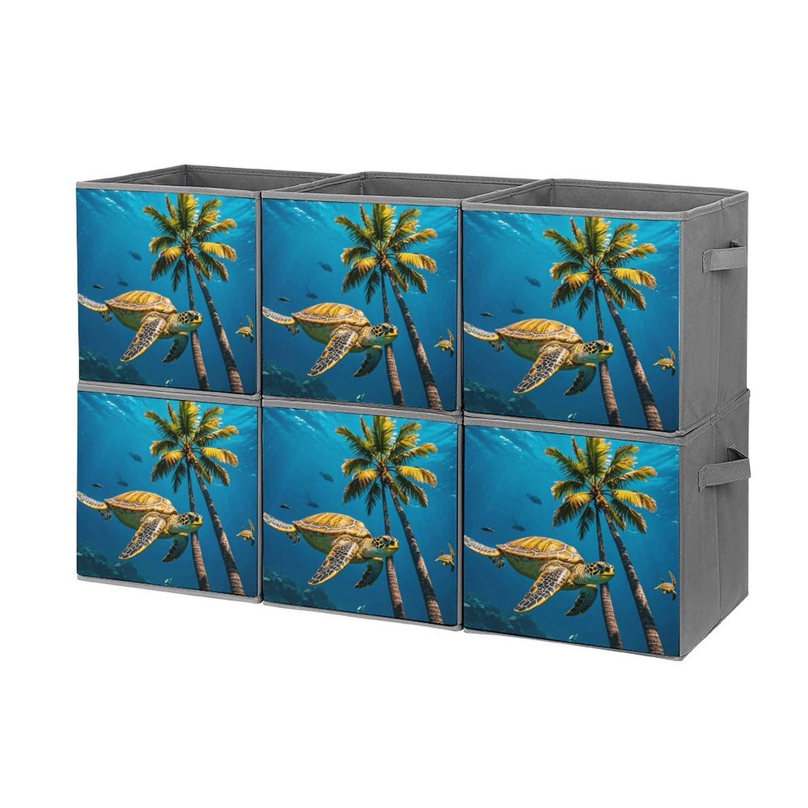 6-Piece Collapsible Storage Bins with Handles - Tropical Palm Trees & Sea Turtles Underwater Print - Multi-Functional Organizing Boxes for Home, Closet, Bathroom & Office Storage Solutions