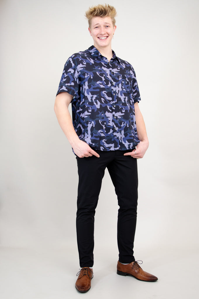 Dino Shirt for Men - Indigo Camo Print Woven Bamboo Fabric - Comfortable Casual Wear for Outdoor Adventures & Street Style