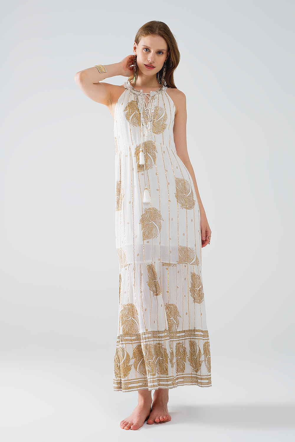 Boho Maxi Silk Chiffon Robe with Golden Floral Print - Perfect for Beach Cover-Ups, Summer Dresses & Boho Chic Outfits