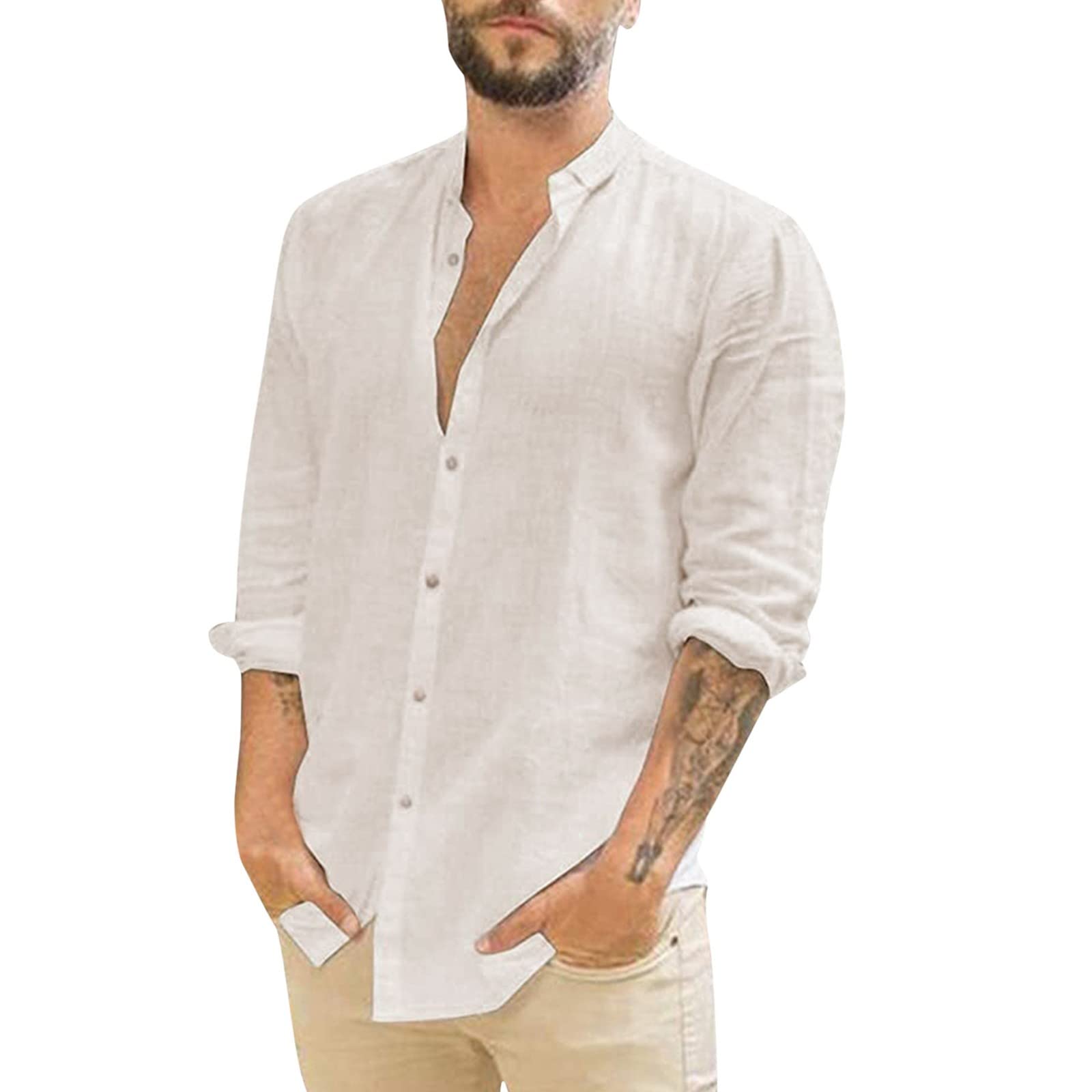 Men's Turn-Down Collar Long Sleeve Casual Button-Up Shirt - Solid White T-Shirt for Office, Business & Everyday Wear