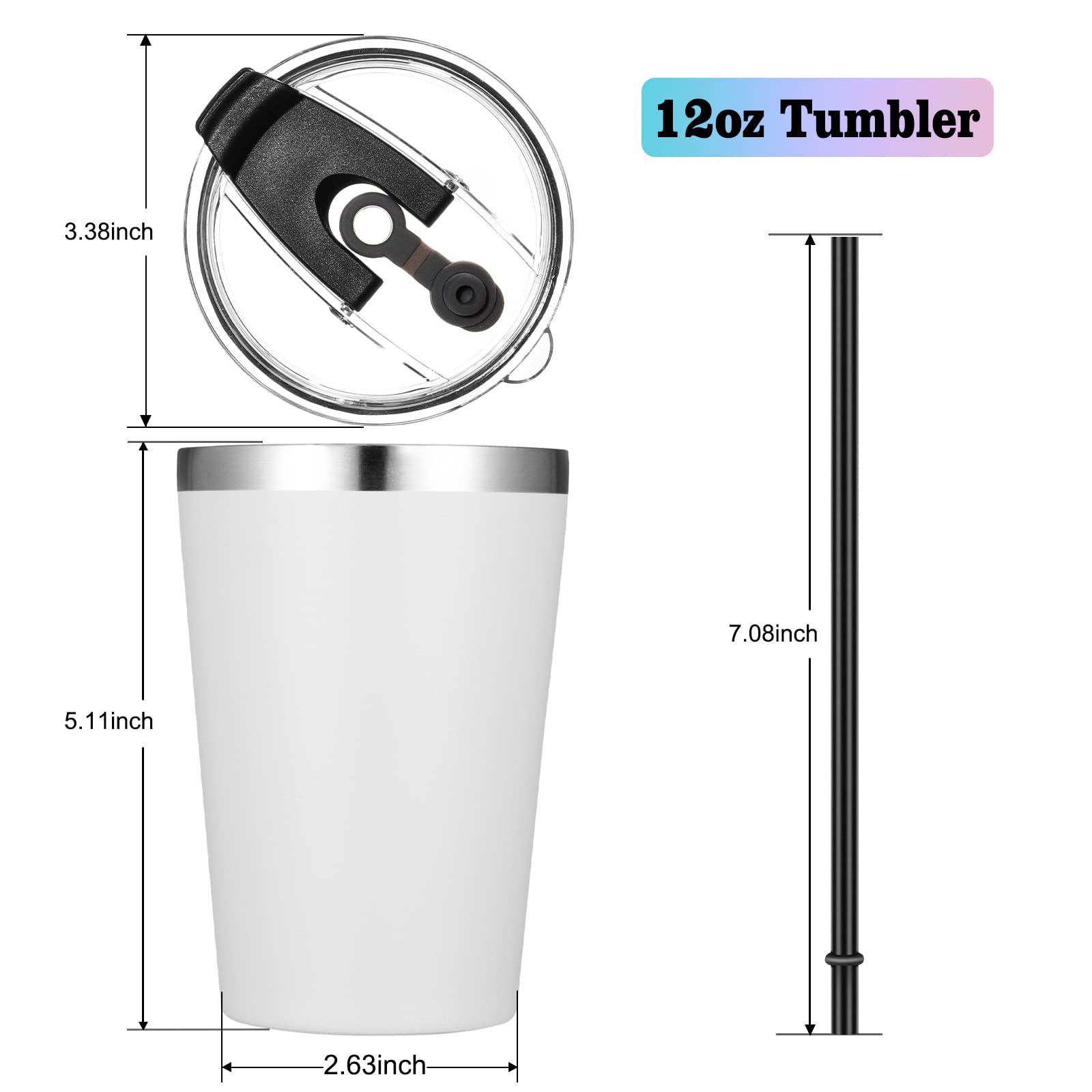 VEGOND 12oz Stainless Steel Vacuum Insulated Tumbler - 6 Pack White Double Wall Travel Mugs with Lid & Straw | Reusable, BPA-Free | Perfect for Coffee, Tea, Cold Drinks at Office, Gym, Camping & Outdoor Activities