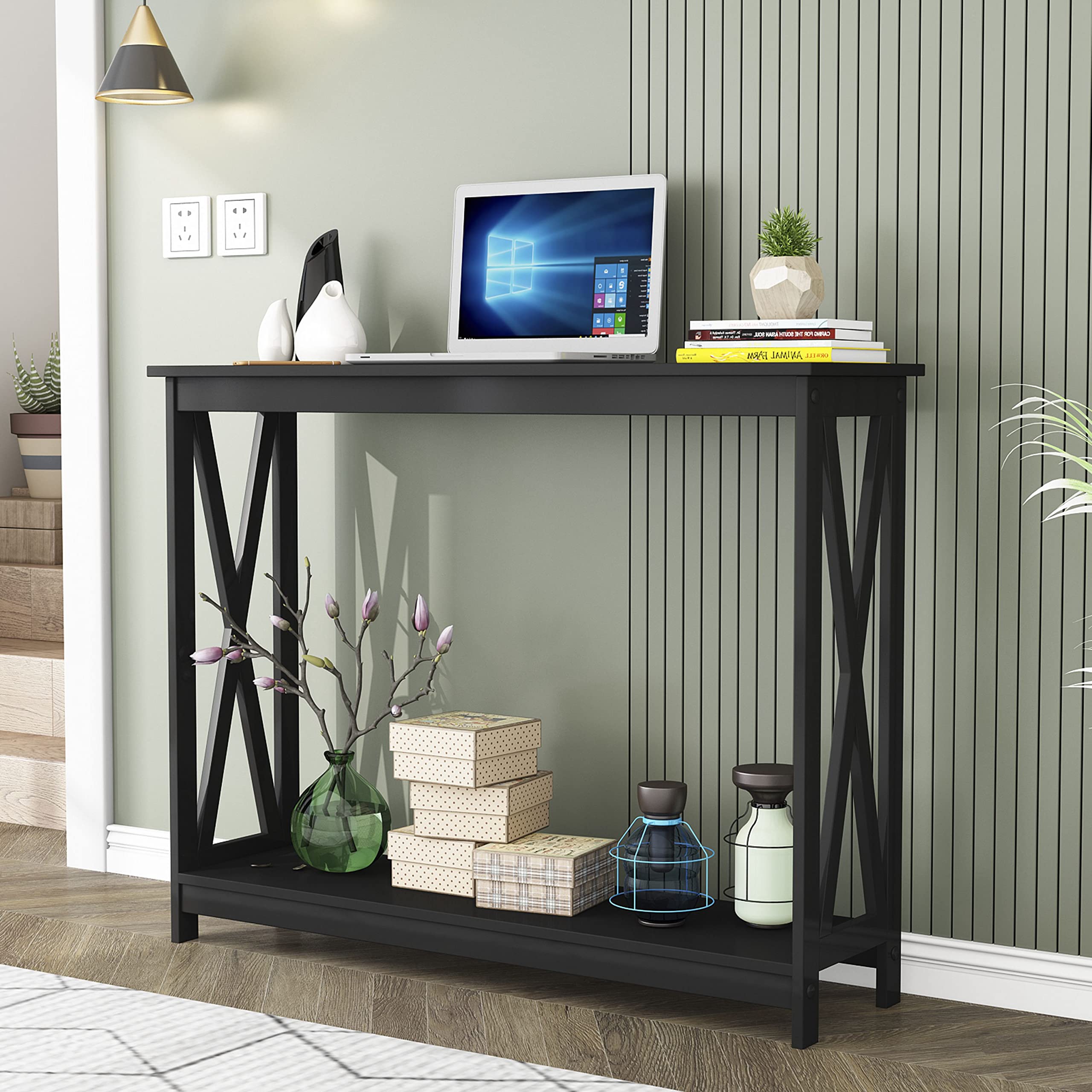 AMAZWORLD Black Console Table - Narrow 2-Tier Industrial Sofa Table with Shelves for Entryway, Hallway & Living Room Decor