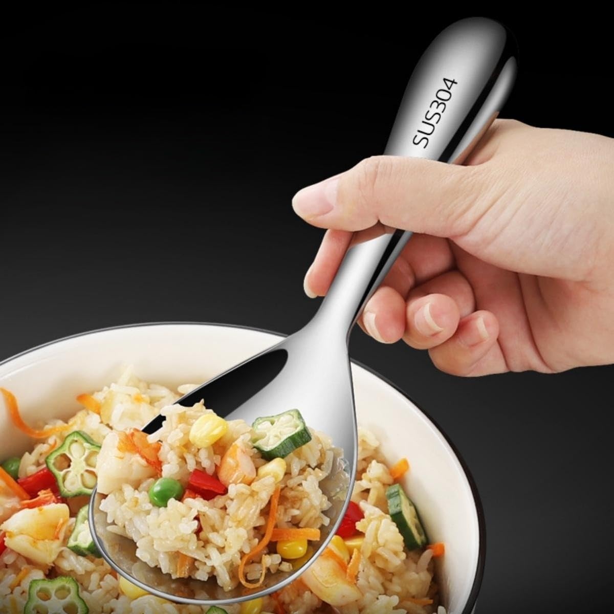 8 Inch Gold Rice Spoon - 304 Stainless Steel Rice Scooper & Paddle - Rust-Free Kitchen Utensil for Serving, Scooping & Stirring Rice - Perfect for Asian Cuisine, Buffets & Home Cooking