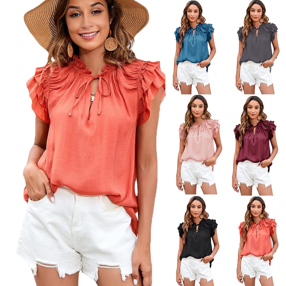 Women's Tiered Ruffle Sleeve Tunic Top - String Tie Neck Casual Loose Fit Flowy Peplum Shirt | Perfect for Summer Outfits, Beach Wear & Boho Fashion
