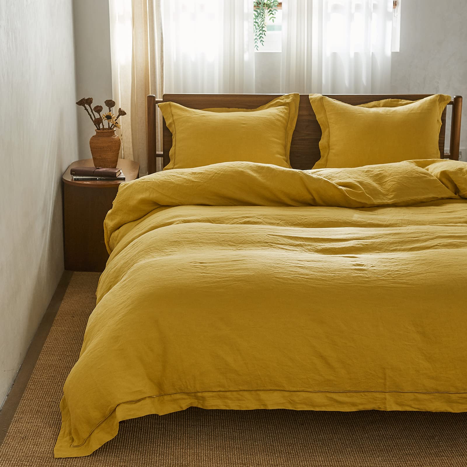 Premium 100% Linen Duvet Cover Set with Elegant Embroidery - 3 Piece Farmhouse Bedding (King Size Duvet Cover + 2 Pillow Shams) - Soft, Breathable & Button Closure - Mustard Yellow - Perfect for Master Bedroom, Guest Room & Cozy Farmhouse Decor