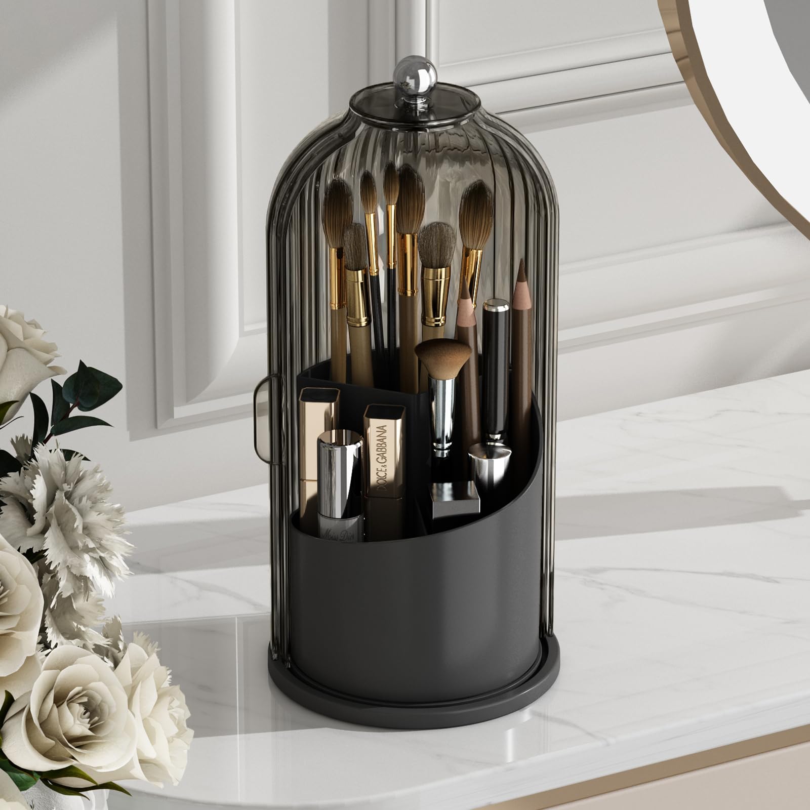 360° Rotating Waterproof Makeup Brush Holder with Lid - Dustproof Cosmetic Organizer for Beauty Brushes & Tools | Vanity Storage for Home, Salon, Travel (Black-Grey)