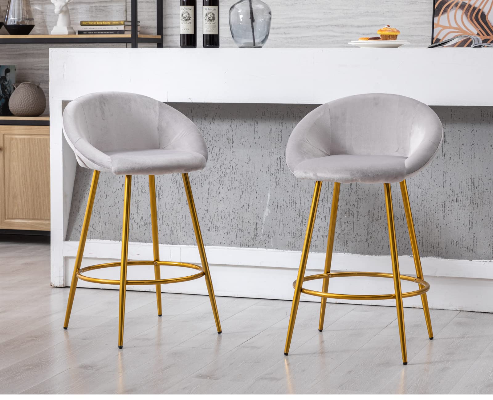 CIMOO Velvet Bar Stools Set of 2, 26 Inch Modern Kitchen Counter Stools with Back & Footrest - Soft Upholstered Bar Chairs for Kitchen Island, Home Bar, Dining Room, Living Room - Grey (2 Pack) - Perfect for Breakfast Nooks, Entertaining Guests & Small Space Dining
