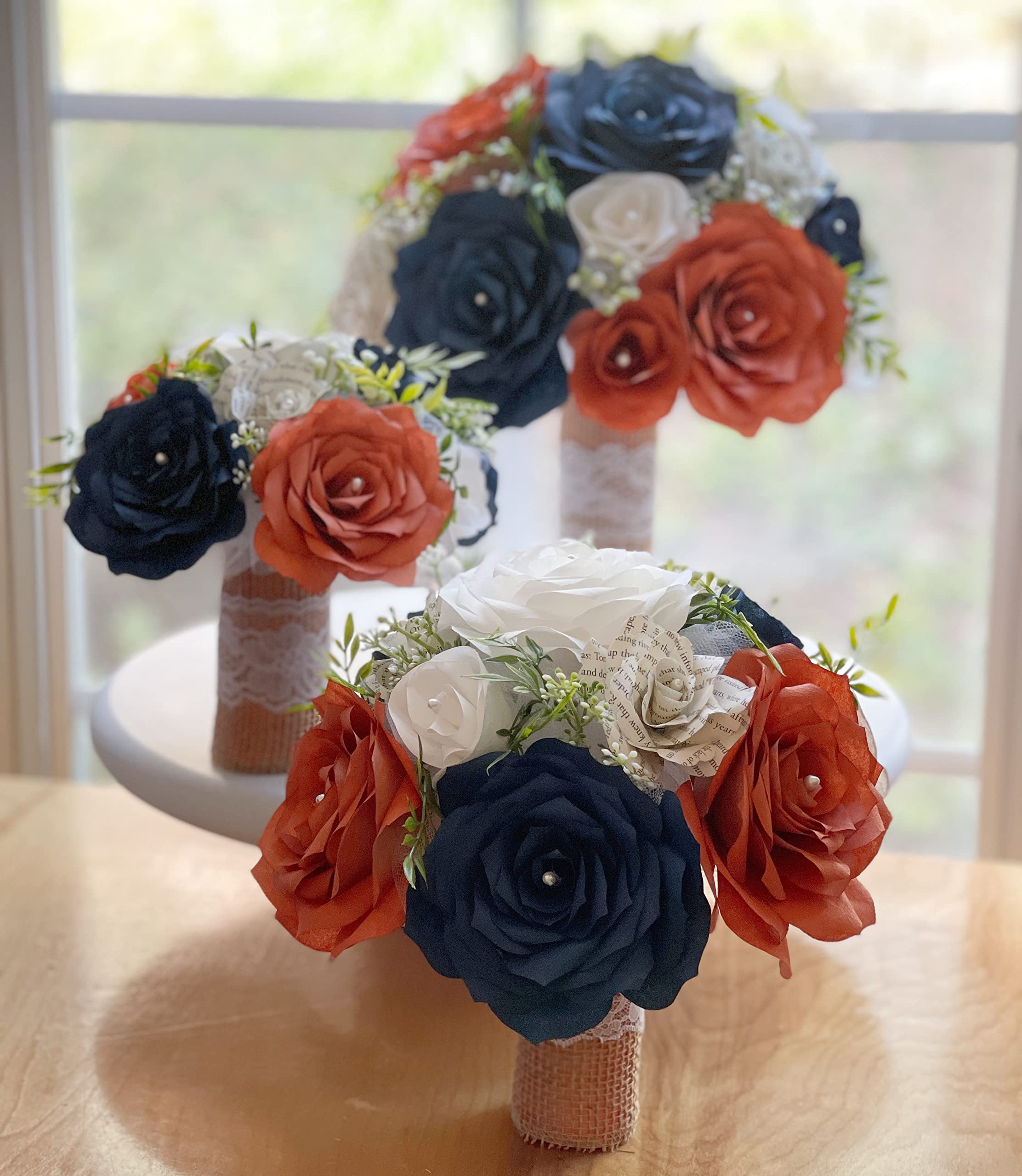 Burnt Orange Navy Blue White Paper Flower Bridal Bouquet - Handmade with Filter & Book Page Flowers for Wedding, Bridal Shower, Photo Props
