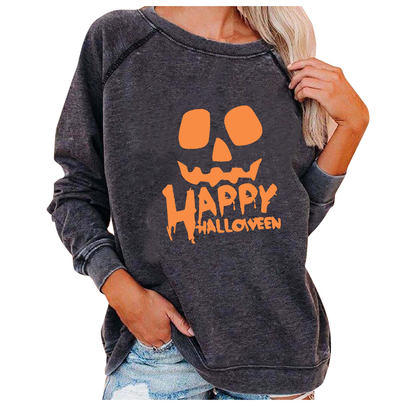 Women's Halloween Pumpkin Print Long Sleeve Sweatshirt - Lightweight Casual Pullover Top for Fall, Pumpkin Patch Visits & Cozy Autumn Outfits