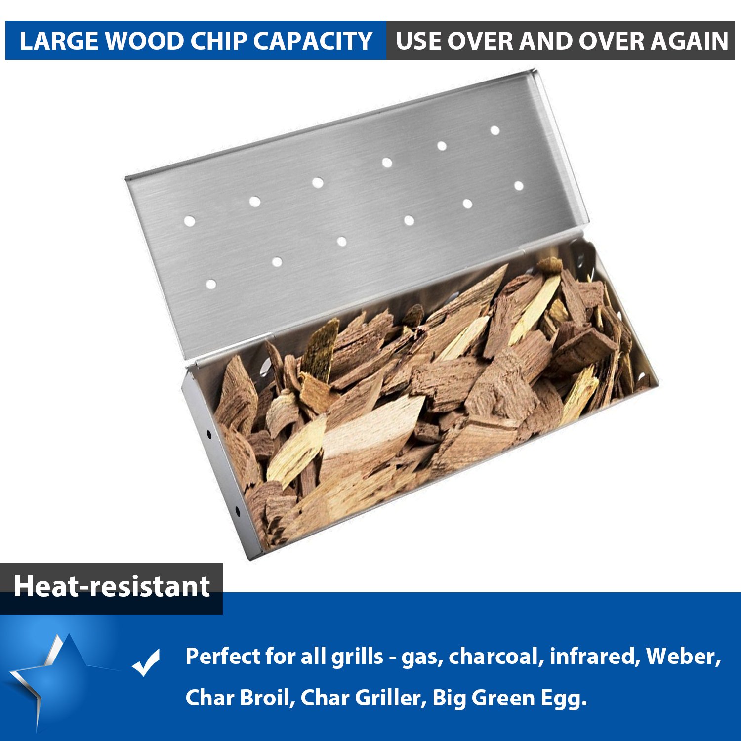 Premium Stainless Steel Smoker Box for Gas & Charcoal Grills - Heavy Duty BBQ Wood Chips Smoker Box - Perfect for Backyard Grilling, Camping & Outdoor Cooking Accessories