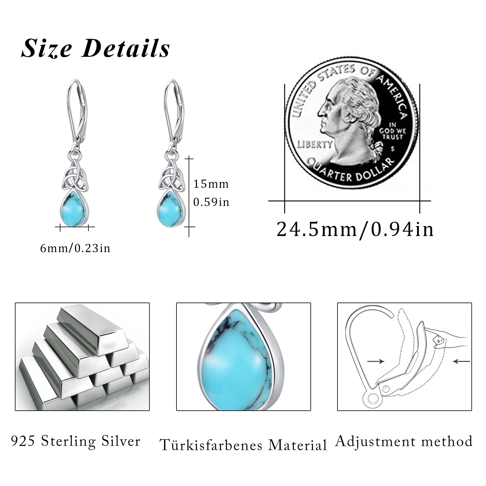 925 Sterling Silver Celtic Knot Leverback Teardrop Earrings for Women - Moonstone/Turquoise/CZ Birthstone Trinity Irish Jewelry | Perfect for St. Patrick's Day, Irish Weddings & Celtic-Themed Gifts