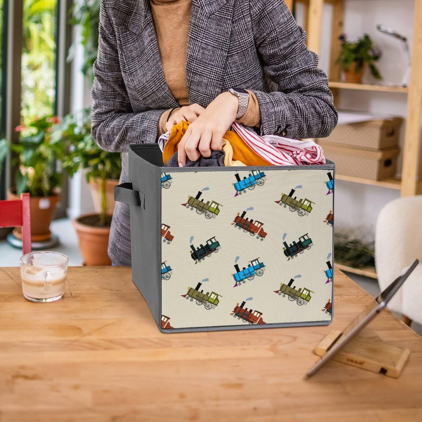 Retro Steam Train Fabric Storage Bins - Pack of 2 Foldable Organizers for Clothes & Toys